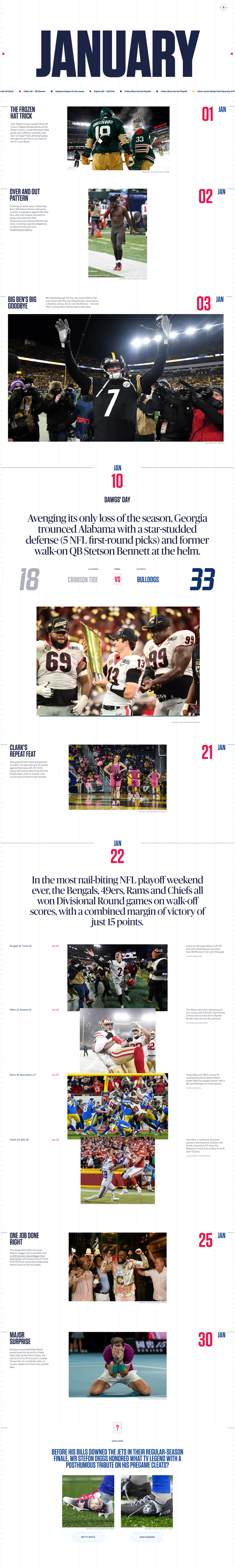 A "JANUARY" sports recap page with dated news items and photos covering NFL playoff games, Georgia's win over Alabama, Big Ben's farewell, and other January storylines, ending with a trivia banner about Stefon Diggs' cleats.