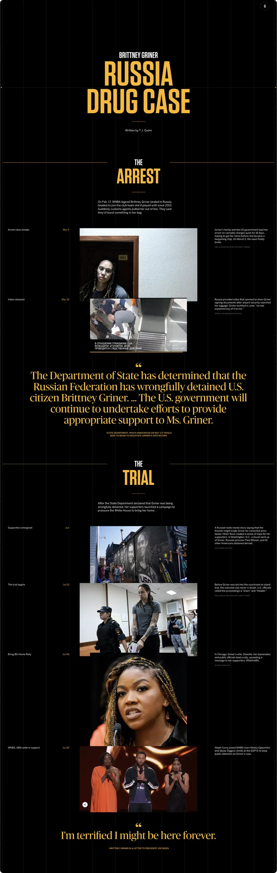 A dark-themed editorial timeline titled "Brittney Griner: Russia Drug Case," covering her arrest and trial with photos, captions, and pull quotes including "I'm terrified I might be here forever."