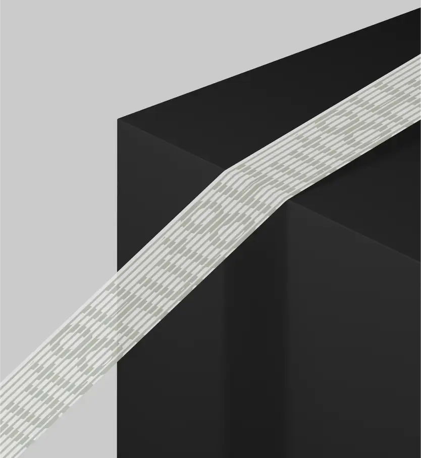 A minimalist 3D render showing a large matte black cube or block against a light gray background. A flat, ribbon-like band patterned with fine gray dashes — evoking flowing data or code — drapes diagonally across the composition, bending as it wraps over the cube's front edge and corner. The clean, abstract geometry and muted palette give the image a sleek, high-tech feel consistent with the Hut 8 brand's data-and-infrastructure visual language.