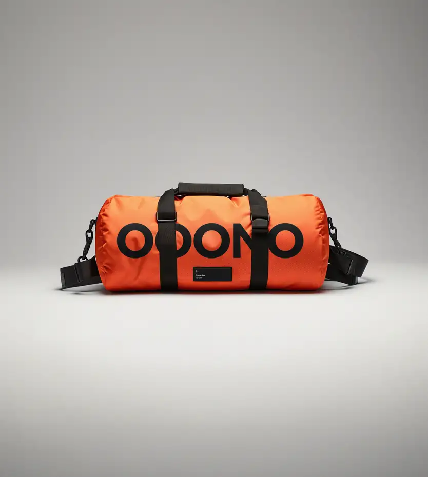 A product shot of an orange cylindrical duffel bag with black straps and buckles, printed with a large black "OOONO" wordmark and a small black label reading "Travel Bag / 10 Litre."