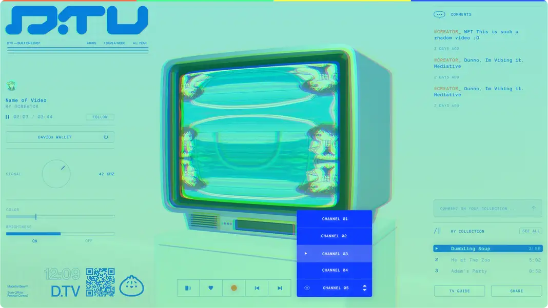 Full desktop view of the D.TV interface in a mint-green color variant, with a rainbow bar across the top and the D.TV logo in blue. A glitchy CRT television displays a distorted teal video at the center, sitting on a pedestal, with a blue channel selector dropdown open in front of it listing CHANNEL 01 through 05, with CHANNEL 03 highlighted and selected. The left sidebar shows 'Name of Video BY @CREATOR' with a progress bar, FOLLOW button, connected DAVIDs WALLET, Signal, Color, and Brightness controls, and a QR code with D.TV branding at the bottom. The right sidebar shows a COMMENTS section with messages from @CREATOR_, a comment input field, and a 'MY COLLECTION' list showing Dumbling Soup, Me at The Zoo, and Adam's Party with durations, plus TV GUIDE and SHARE buttons at the bottom.