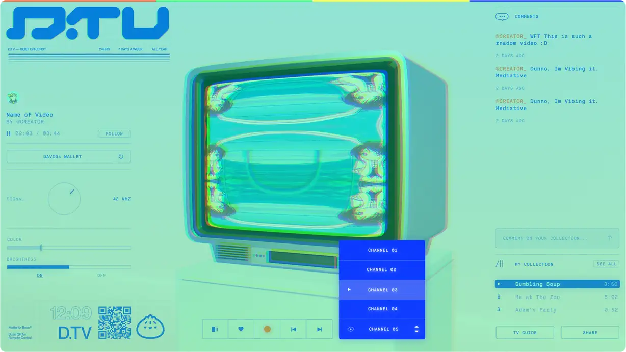 Full desktop view of the D.TV interface in a mint-green color variant, with a rainbow bar across the top and the D.TV logo in blue. A glitchy CRT television displays a distorted teal video at the center, sitting on a pedestal, with a blue channel selector dropdown open in front of it listing CHANNEL 01 through 05, with CHANNEL 03 highlighted and selected. The left sidebar shows 'Name of Video BY @CREATOR' with a progress bar, FOLLOW button, connected DAVIDs WALLET, Signal, Color, and Brightness controls, and a QR code with D.TV branding at the bottom. The right sidebar shows a COMMENTS section with messages from @CREATOR_, a comment input field, and a 'MY COLLECTION' list showing Dumbling Soup, Me at The Zoo, and Adam's Party with durations, plus TV GUIDE and SHARE buttons at the bottom.