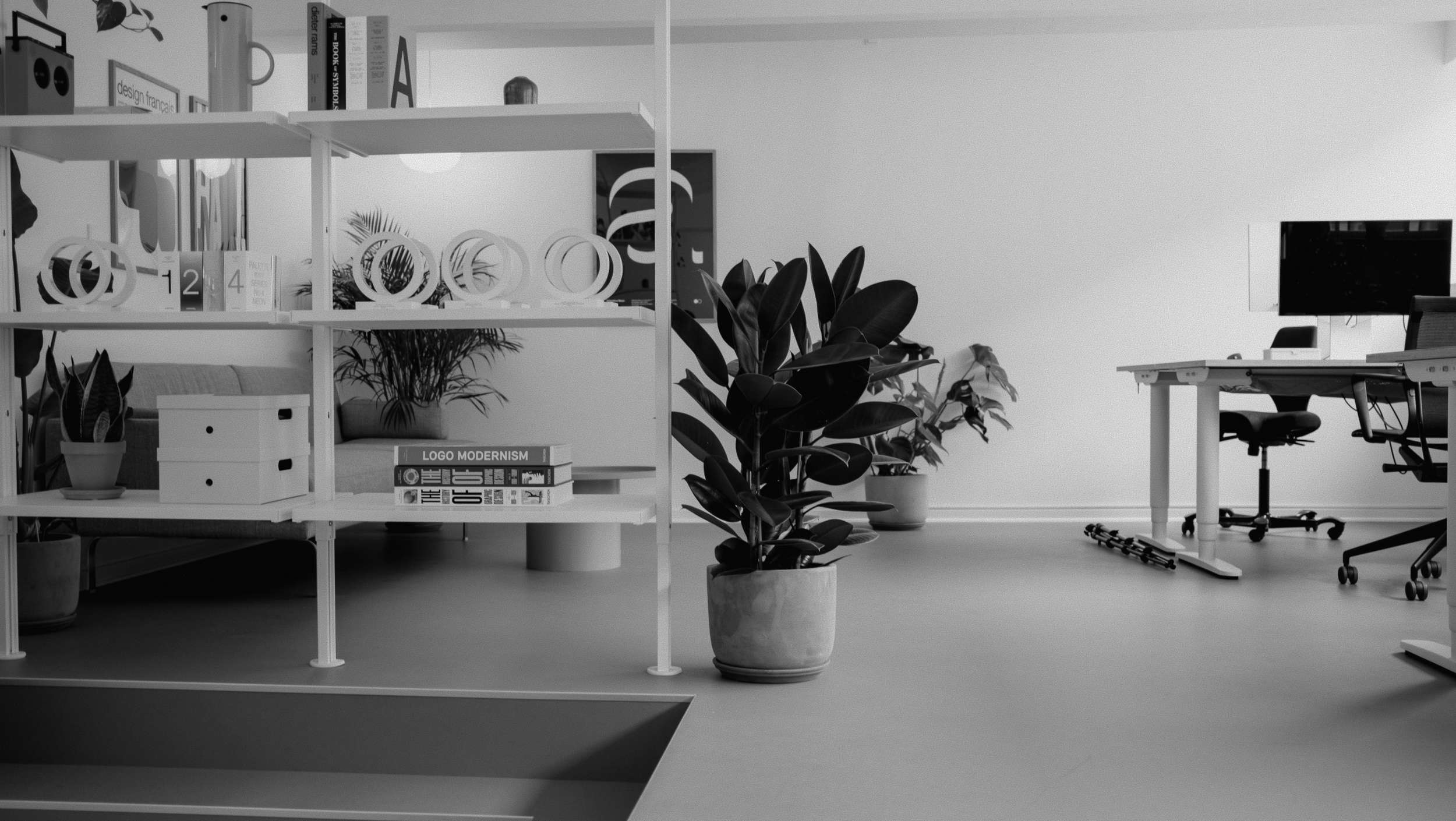 Modern office space with shelves, potted plants, books, a desk with a computer, and a swivel chair on the right. Black and white image.