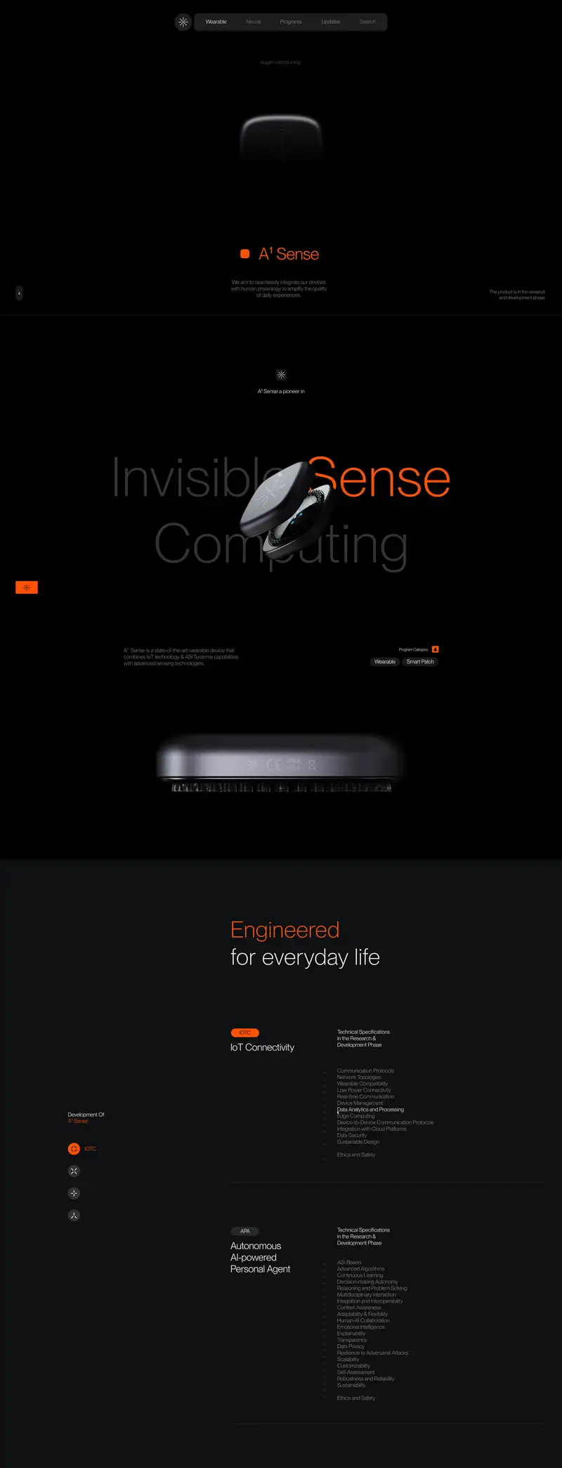 A full-length, dark-themed product page for the Augen "A¹ Sense" wearable device, in near-black with orange accents. At the top, a dark navigation bar (starburst logo; menu links Wearable, Neural, Programs, Updates, Search) sits above the label "Augen introducing." A dimly lit render of the small square wearable device floats center-screen, with the product name "A¹ Sense" in orange below it and the line "We aim to seamlessly integrate our devices with human physiology to amplify the quality of daily experiences," plus a note that "The product is in the research and development phase." The next section is headed "A¹ Sense a pioneer in," with a large display headline reading "Invisible Sense Computing" ("Sense" highlighted in orange) wrapped around a photo of the black device shown open to reveal its internal components. Supporting text reads "A¹ Sense is a state-of-the-art wearable device that combines IoT technology & ASI System capabilities with advanced sensing technologies," with "Wearable" and "Smart Patch" program-category tags. A close-up edge view of the device shows regulatory markings (CE, IP68). A dark gray section follows, headed "Engineered for everyday life" (with "Engineered" in orange). A left sidebar labeled "Development Of A¹ Sense" lists icon steps. Two technical-specification blocks appear: "IoT Connectivity" (tag "IOTC") listing items like Communication Protocols, Network Topologies, Wearable Compatibility, Data Security, and Ethics and Safety; and "Autonomous AI-powered Personal Agent" (tag "APA") listing items like ASI-Based, Advanced Algorithms, Continuous Learning, Emotional Intelligence, Data Privacy, and Ethics and Safety. Both are noted as "Technical Specifications in the Research & Development Phase."