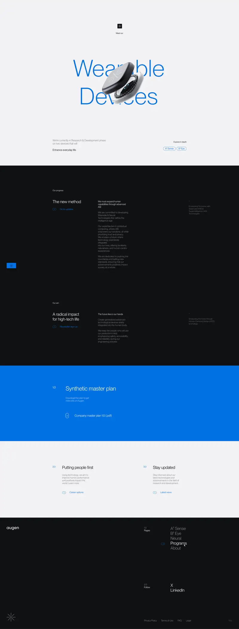 A full-length landing page for "Augen," a wearable and neural technology company, alternating between light gray and black sections. The top light section shows a small black logo above "Meet our," a large blue headline reading "Wearable Devices" with a photo of a black circular wearable device (its casing open to reveal internal components) overlapping the text, and a subhead: "We're currently in Research & Development phase on two devices that will Enhance everyday life." Two pill buttons on the right, "A¹ Sense" and "B¹ Eye," sit under "Explore in depth." A black section follows, headed "Our progress." A block titled "The new method" with a "Go to updates" link accompanies body text about expanding human capabilities through advanced ASI (Artificial Super Intelligence) and developing wearable and neural technologies focused on trust and privacy. A second block, "A radical impact for high-tech life," with a "Newsletter sign-up" link, discusses human-centered design. A bold blue section titled "1.0 Synthetic master plan" offers a download link for "Company master plan 1.0 (.pdf)." Below, a light section presents "2.0 Putting people first" (with a "Career options" link) and "3.0 Stay updated" (with a "Latest news" link). The black footer shows the "augen" wordmark, a page menu (A¹ Sense, B¹ Eye, Neural, Programs, About), social links (X, LinkedIn), and legal links (Privacy Policy, Terms of Use, FAQ, Legal), with "Italy" in the corner.