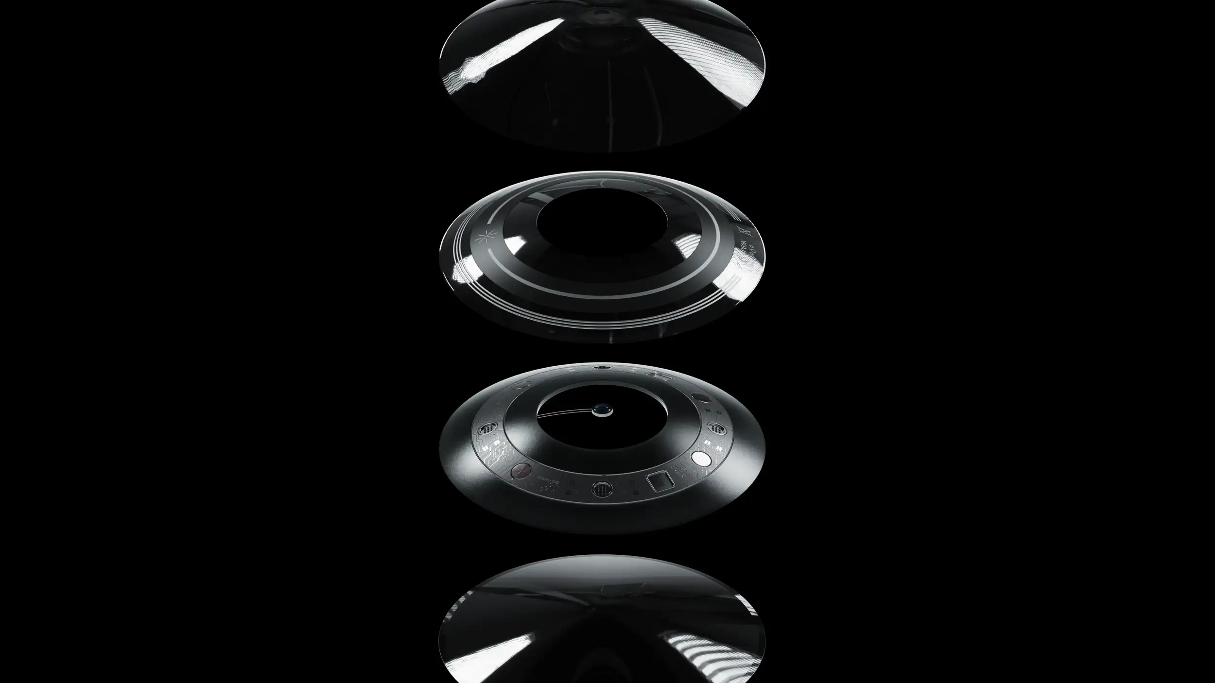 A dramatic exploded-view product render of the Augen B¹ Eye smart contact lens against a pure black background, its layers stacked vertically and separated to show internal construction. The top layer is a smooth, glossy transparent dome (the outer lens surface). The middle layer is a dark ring engraved with the Augen starburst logo and fine circular detailing. The bottom layer reveals the intricate technology embedded in the lens — a ring of miniaturized circuitry, sensors, and components surrounding a central point. A soft reflection of the lowest layer appears on the glossy black surface beneath.