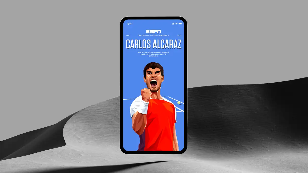 Illustrated image of a tennis player celebrating on a smartphone screen with "Carlos Alcaraz" and ESPN branding against a desert background.