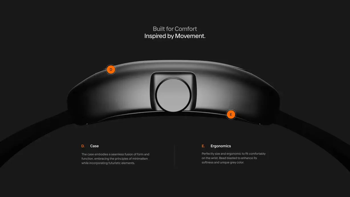 A sleek, dark-themed product-detail page from the WRK watch website. Centered text reads "Built for Comfort — Inspired by Movement." Below, a side-profile render of the curved black watch case (shown from behind, revealing its rounded caseback and strap) is displayed against a black background, annotated with two orange marker dots labeled "D" and "E." Two captions explain the callouts: "D. Case — The case embodies a seamless fusion of form and function, embracing the principles of minimalism while incorporating futuristic elements." and "E. Ergonomics — Perfectly sized and ergonomic to fit comfortably on the wrist. Bead blasted to enhance its softness and unique grey color."
