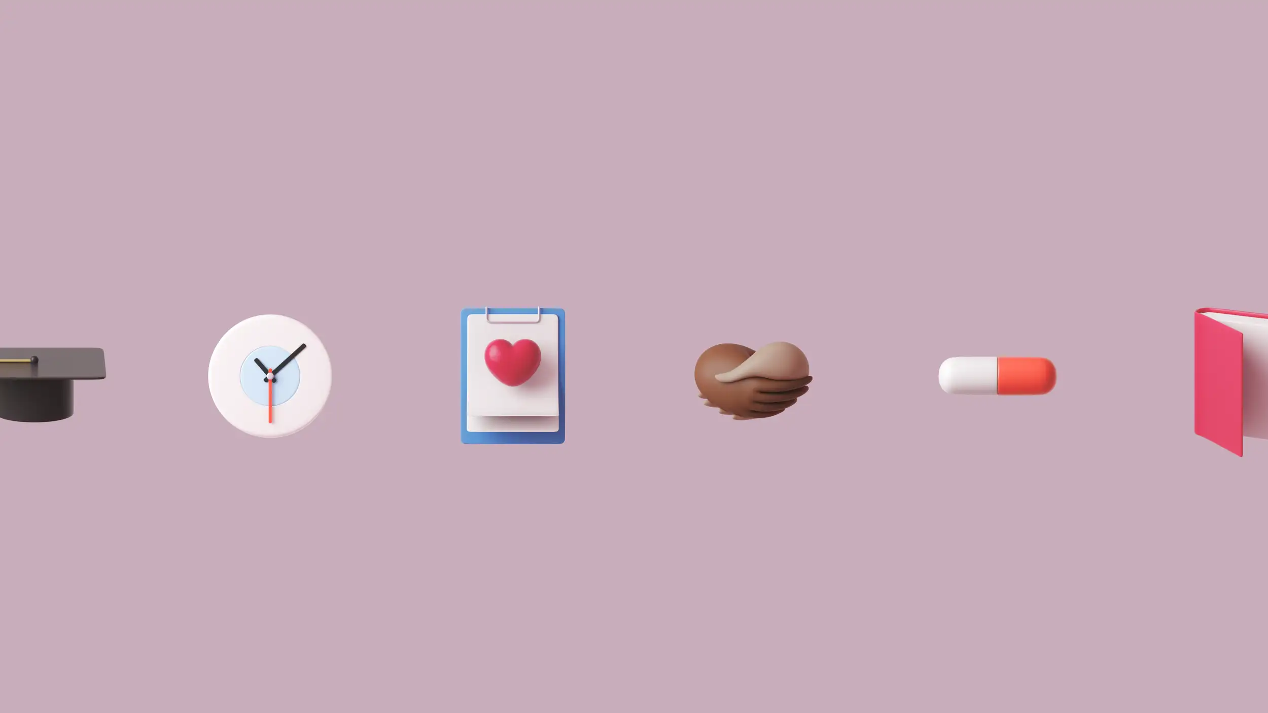 Icons on a pink background: graduation cap, clock, clipboard with heart, clasped hands, pill, and open book.