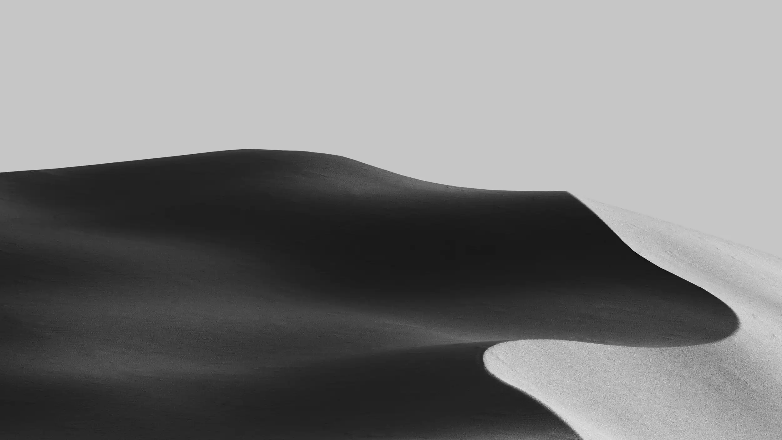 A minimalist black-and-white photograph of a sand dune, with strong contrast between light and shadow. The dune's smooth, sculptural ridgeline curves diagonally across the frame, its sunlit face rendered in pale white and silver tones on the right while the shadowed slope falls away into deep black on the left. A plain, pale gray sky fills the upper portion, giving the image a calm, abstract, almost sculptural quality.