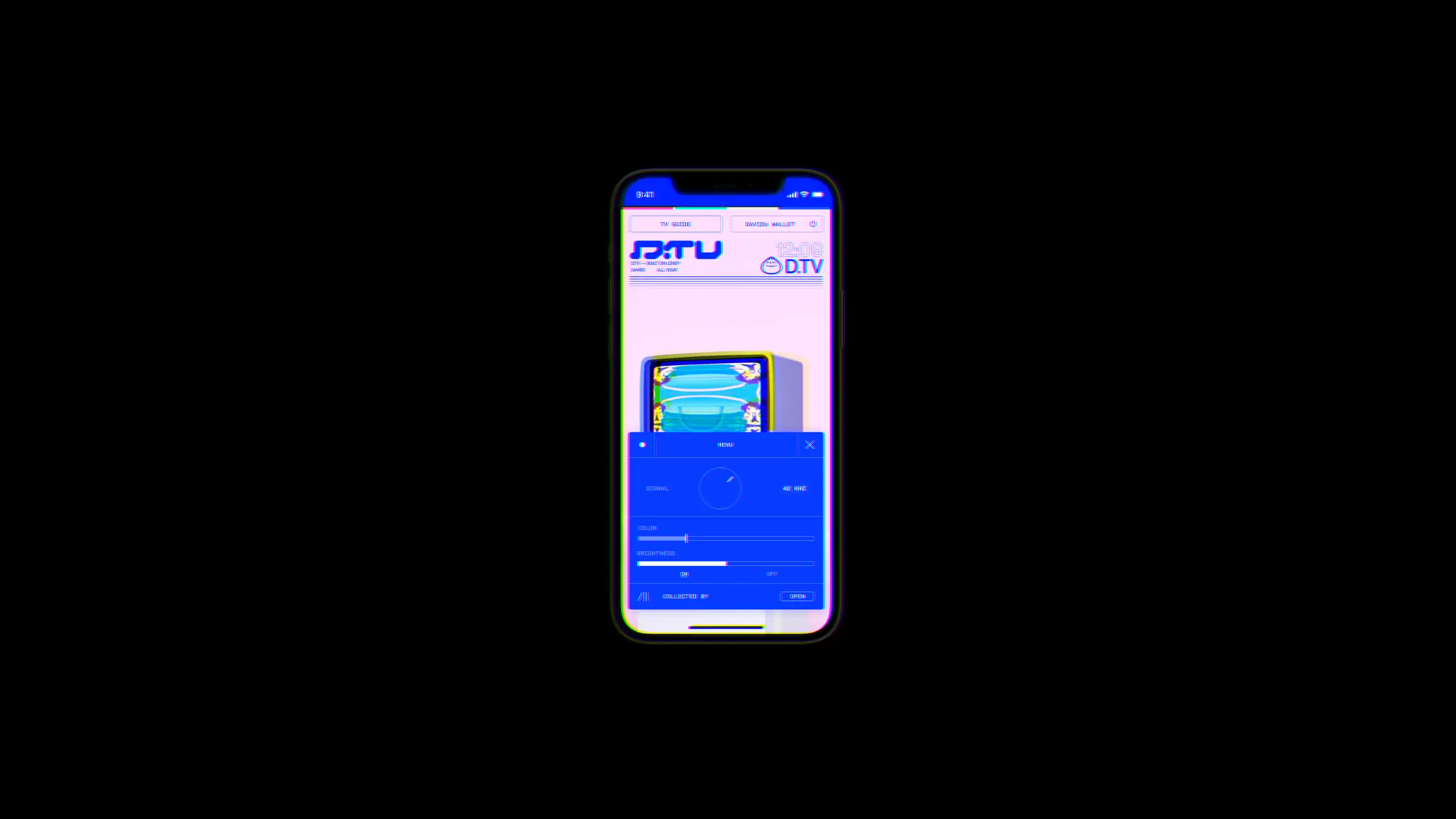 Smartphone mockup centered on a black background, showing the D.TV app with a heavy chromatic-glitch effect that fringes the whole screen in pink, yellow, and green. The upper portion shows the D.TV logo, TV GUIDE and Connect Wallet buttons, and a small retro television with a distorted blue video against a pink background. A blue 'MENU' panel is open over the lower half, showing Signal, Color, and Brightness controls with a dial and sliders, plus a 'COLLECTED BY' row with an OPEN button and a close icon in the top corner.