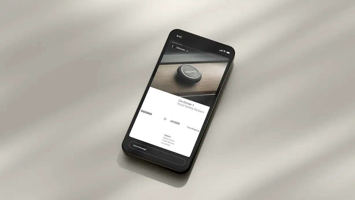 Smartphone showing an Instagram story by 28Kstudio promoting the OOONO Co-Driver 1 Road Safety System at 49.99€ with free shipping
