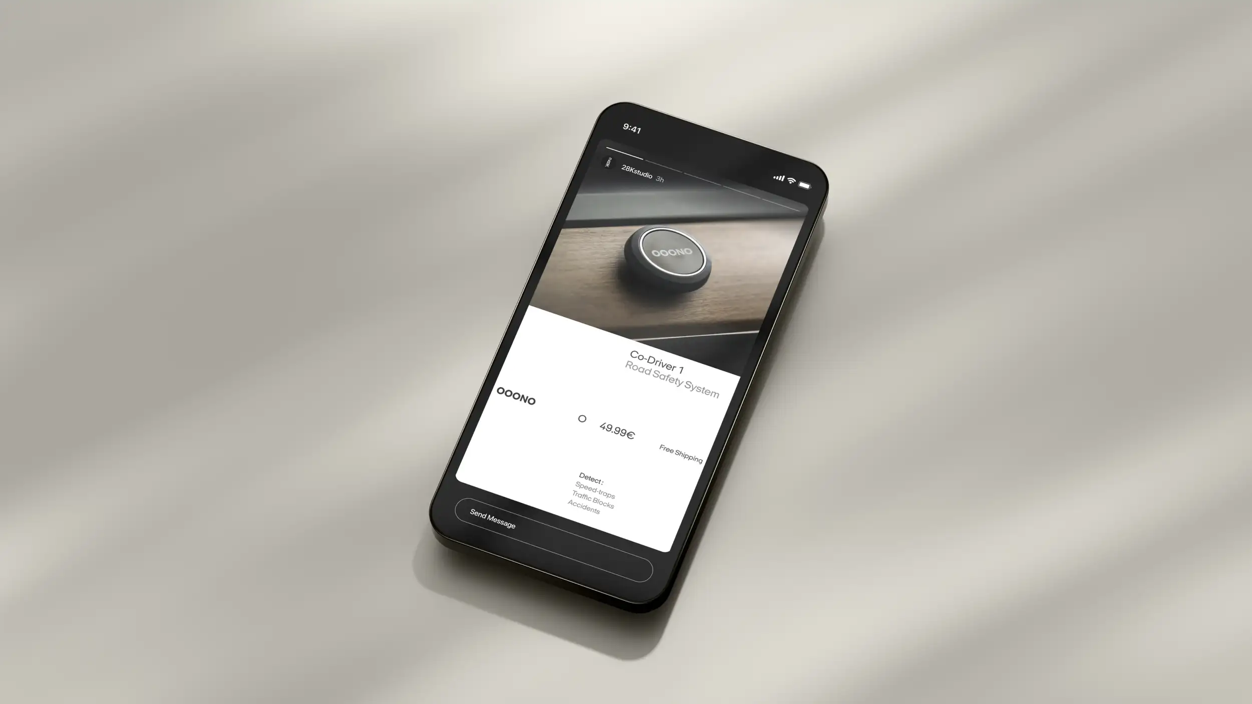 Smartphone showing an Instagram story by 28Kstudio promoting the OOONO Co-Driver 1 Road Safety System at 49.99€ with free shipping