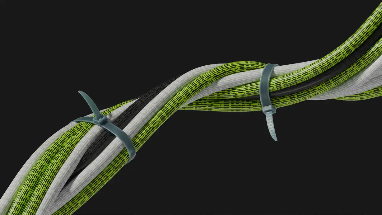 A stylized 3D render of a thick bundle of cables twisting diagonally across a dark charcoal background. The cables are grouped in white, black, and lime-green tones, with the green ones patterned in fine dashes and dots that suggest flowing digital data or code. Two gray zip ties (cable ties) bind the bundle at two points, holding the strands neatly together. The sleek, high-tech composition evokes themes of connectivity, data infrastructure, and organized cabling.