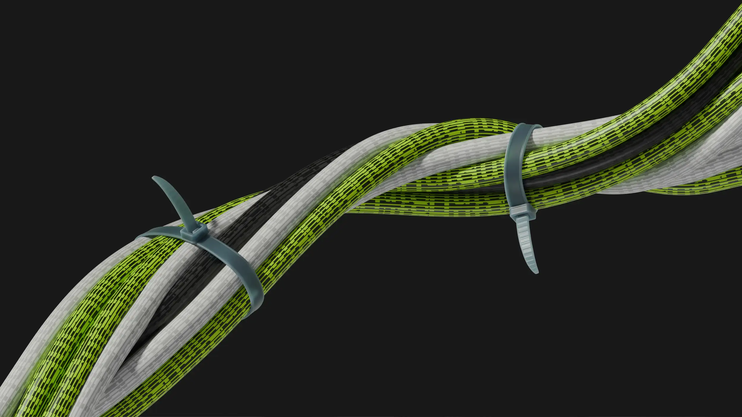 A stylized 3D render of a thick bundle of cables twisting diagonally across a dark charcoal background. The cables are grouped in white, black, and lime-green tones, with the green ones patterned in fine dashes and dots that suggest flowing digital data or code. Two gray zip ties (cable ties) bind the bundle at two points, holding the strands neatly together. The sleek, high-tech composition evokes themes of connectivity, data infrastructure, and organized cabling.