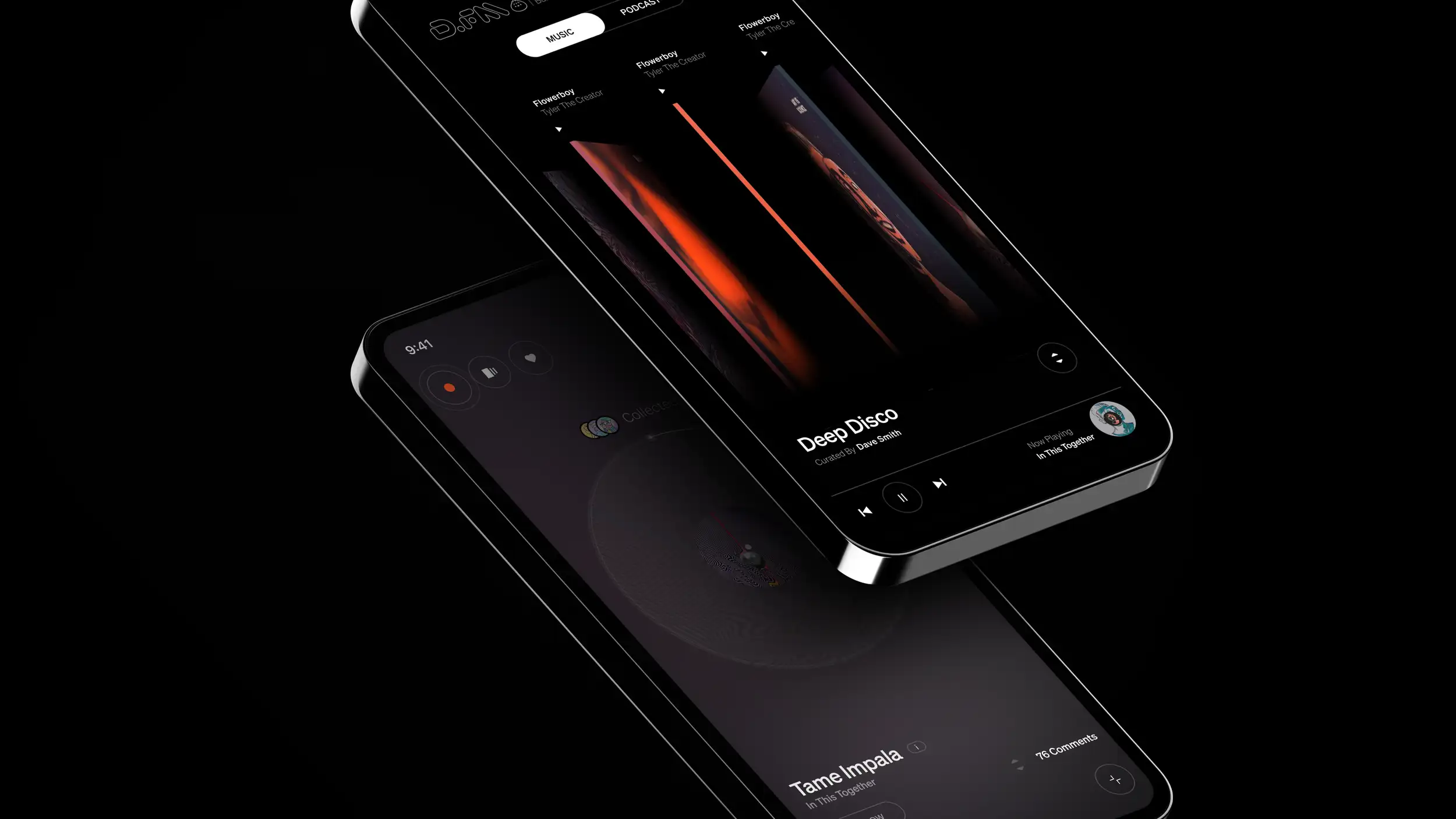 Two overlapping smartphone mockups tilted against a black background, both showing the dark-mode Dumbling.FM music app. The upper phone displays a music browsing screen with MUSIC and PODCAST tabs, three 'Flowerboy' tracks by Tyler The Creator with warm orange album art, and a mini player at the bottom for the 'Deep Disco' playlist curated by Dave Smith, showing 'Now Playing: In This Together' with playback controls and a small avatar. The lower phone shows a similar now-playing screen with a circular vinyl-style graphic, a 'Collected' badge, and a lower section reading 'Tame Impala, In This Together' with a comment count of 76.