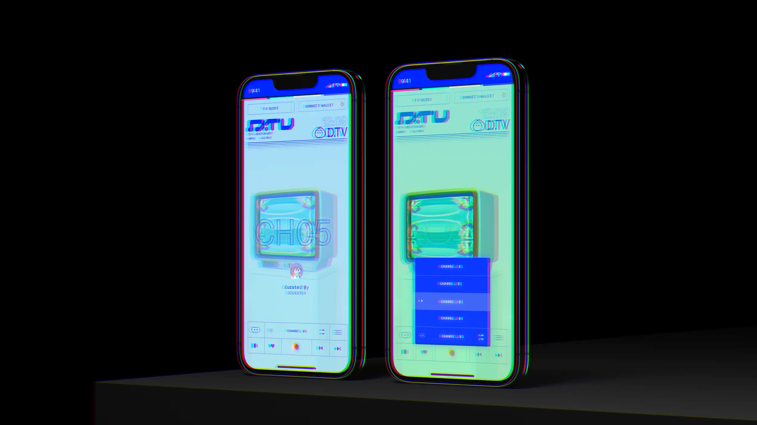 Two smartphone mockups standing upright on a dark surface against a black background, both displaying the D.TV app with a heavy RGB chromatic-glitch effect that doubles all text and edges in cyan, magenta, and green. Each screen shows the D.TV logo, TV GUIDE and Connect Wallet buttons, and a small retro television illustration labeled 'CH05' with 'Curated By @CURATOR' beneath it, plus playback icons at the bottom. The right phone additionally shows an open blue channel list overlay with CHANNEL 01 through 05, CHANNEL 03 highlighted as playing.