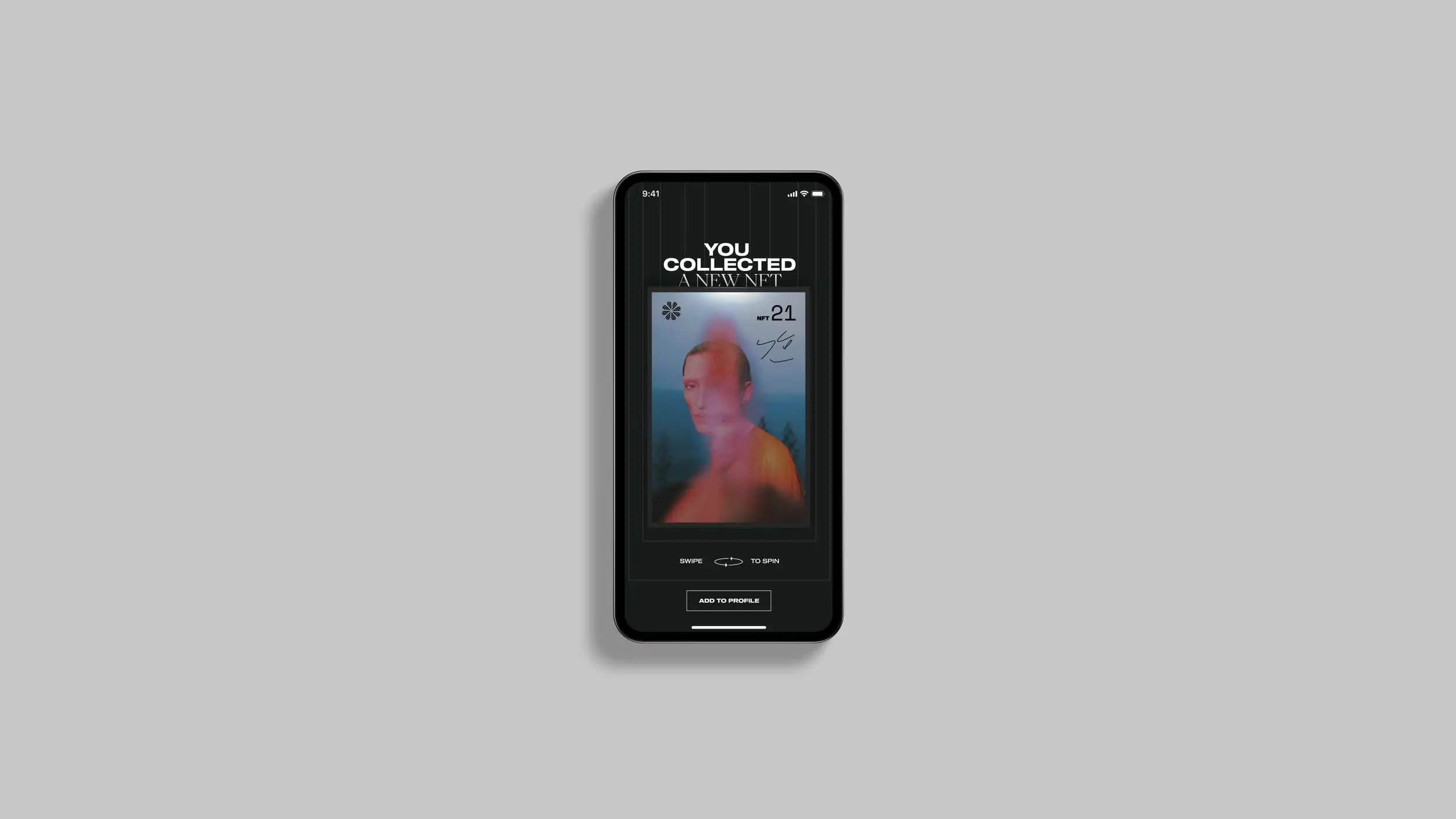 Smartphone screen showing a collected NFT artwork featuring a blurred portrait with a stylized interface. Text reads "You Collected A New NFT."