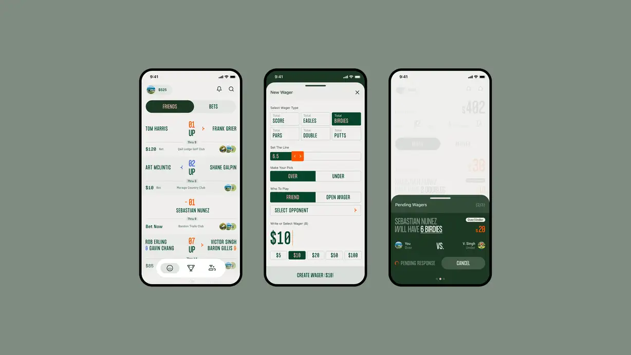Three smartphones side by side on a sage-green background, showing screens from the Calcutta golf-betting app in a green-and-cream palette. Each status bar reads 9:41. The left phone shows the "Friends" feed with a $525 balance and a list of head-to-head match bets: Tom Harris vs. Frank Grier ("1 UP, Thru 9, $120 Bet, Quail Lodge Golf Club"), Art McLintic vs. Shane Galpin ("2 UP, Thru 3, $10 Bet, Moraga Country Club"), a Sebastian Nunez bet ("−1, Thru 9, Bet Now, Bandon Trails Club"), and Rob Erling & Gavin Chang vs. Victor Singh & Baron Gillis ("7 UP"). A bottom nav bar has golf, trophy, and social icons. The center phone shows a "New Wager" creation sheet: a "Select Wager Type" grid (Total Score, Eagles, Birdies [selected], Pars, Double, Putts), a "Set The Line" stepper set to 6.5, an "Over/Under" pick toggle (Over selected), a "Friend / Open Wager" toggle, a "Select Opponent" field, and a wager amount of "$10" with quick-select chips ($5, $10, $20, $50, $100) and a "Create Wager ($10)" button. The right phone shows a stats/wagers screen (30-day total $402, 82% wins, 4% ties, 14% losses) with a "Pending Wagers (2/3)" card reading "SEBASTIAN NUNEZ WILL HAVE 6 BIRDIES — $20," a "You (Over) vs. V. Singh (Under)" matchup, a "Pending Response" status, and a "Cancel" button.