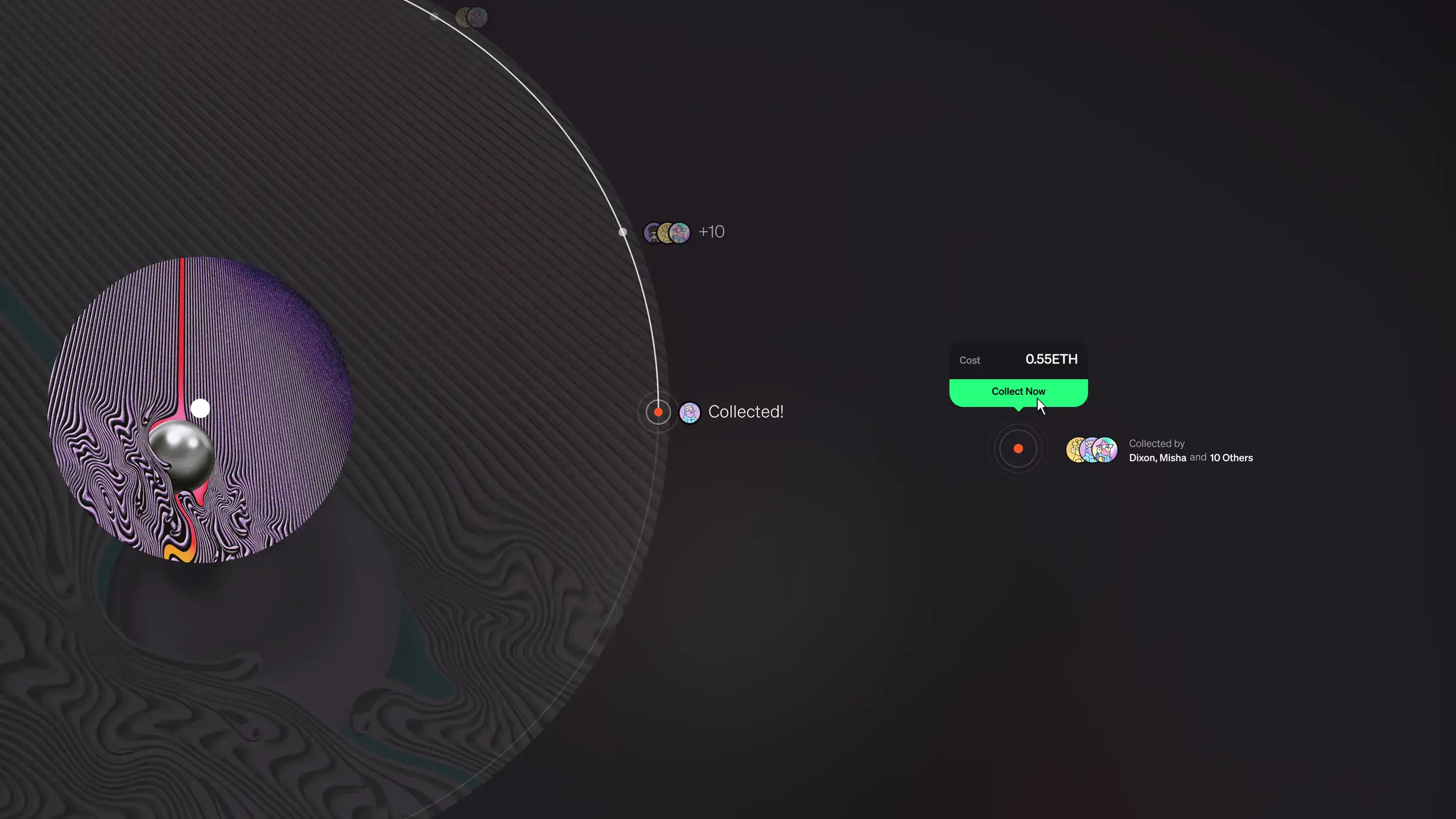 Close-up detail of the Dumbling.FM 'Now Playing' interface in dark mode, focused on a large spinning vinyl-style disc with swirling purple and pink patterns and a glossy dark orb where a tonearm would sit. An orbiting progress ring extends off the left side, with a small avatar and '+10' marker along its path, and another point labeled 'Collected!' with a checkmark icon. To the right, a pop-up shows 'Cost 0.55ETH' with a green 'Collect Now' button being clicked, plus a red record icon and 'Collected by Dixon, Misha and 10 Others' with small circular avatars.