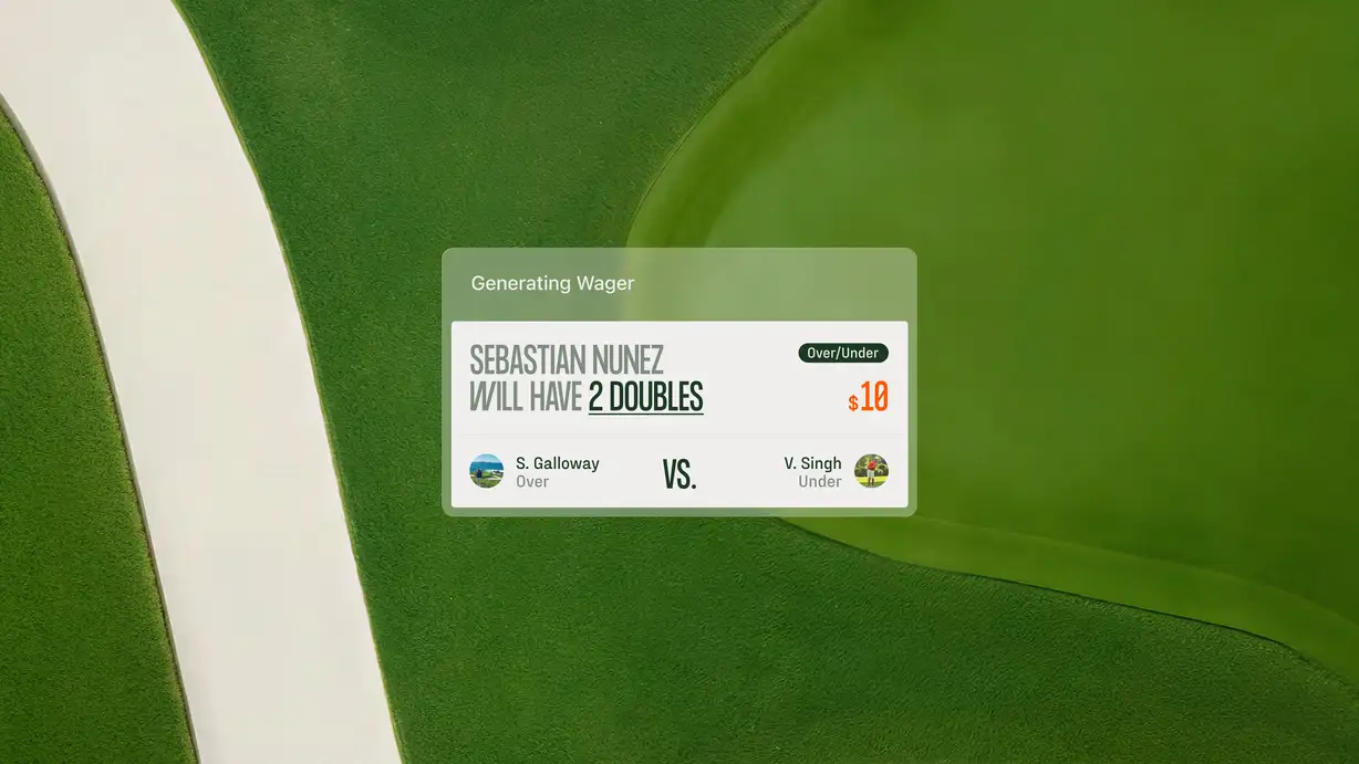 A Calcutta app UI card overlaid on an aerial photo of a lush green golf course, showing the manicured fairway, a curving sand bunker, and a putting green. The card is labeled "Generating Wager" and displays a bet: "SEBASTIAN NUNEZ WILL HAVE 2 DOUBLES," tagged "Over/Under," for "$10" (in orange). Below, a matchup shows "S. Galloway (Over) VS. V. Singh (Under)," each with a small circular profile photo.