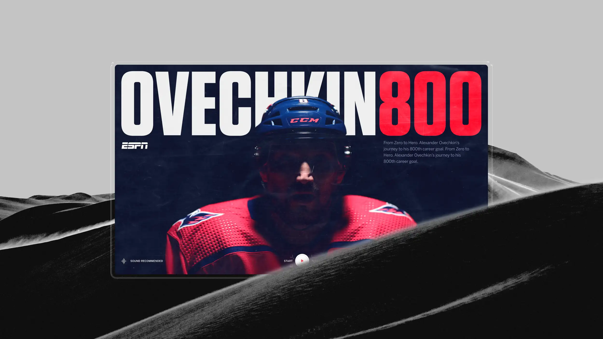 Image of an ice hockey player with big bold headline saying 'Ovechkin 800'.