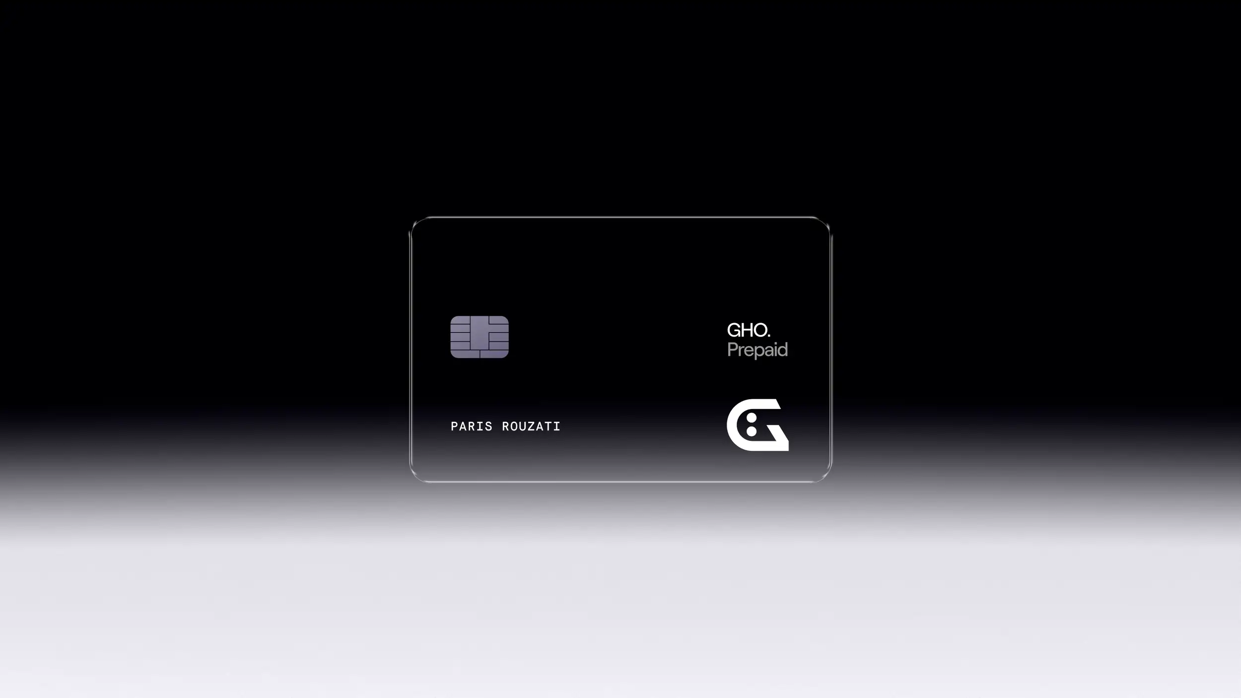 Transparent GHO Prepaid card with a chip, logo, and text against a gradient background.