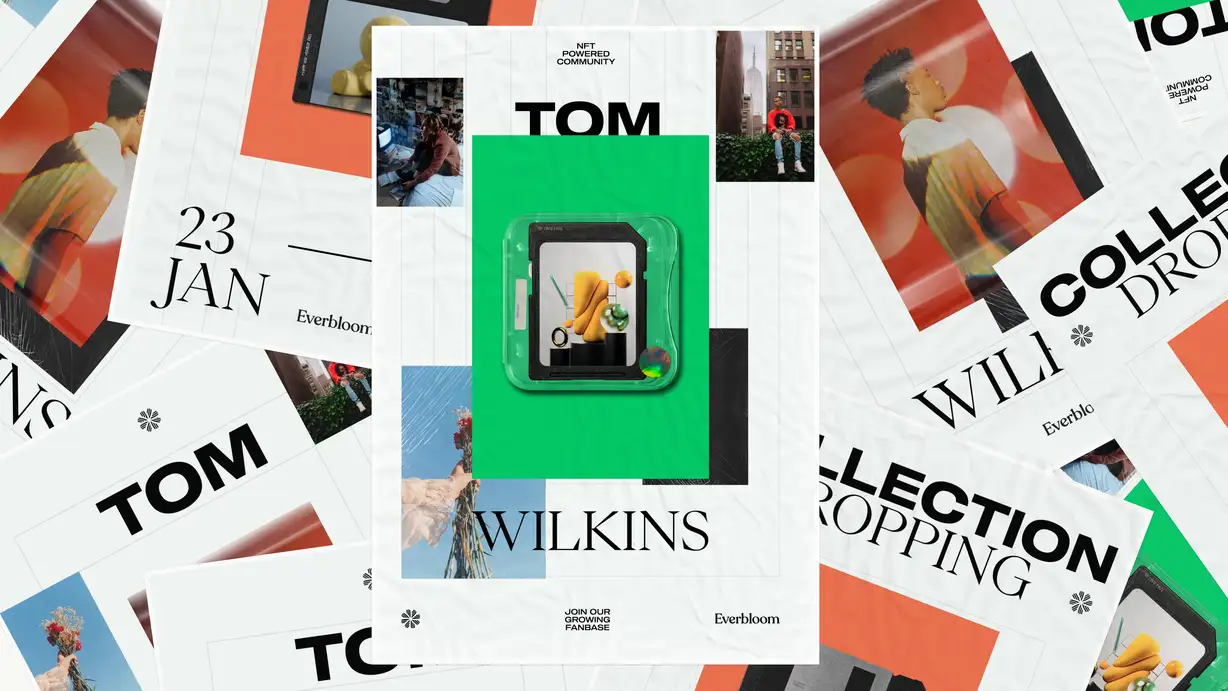 A layered arrangement of overlapping Everbloom promotional posters, with one crisp poster centered on top of a scattered pile of similar prints in white, orange, and green tones. The central poster is headed "NFT POWERED COMMUNITY" and features the name "TOM WILKINS" in large type split above and below a bright green tile showing a 3D-rendered "SD Card Pass" filled with abstract colorful objects. Surrounding it are small lifestyle photos of young people (at a desk, seated against a New York City skyline, holding dried flowers against a blue sky). Footer text reads "JOIN OUR GROWING FANBASE" beside the "Everbloom" logo. The posters beneath show fragments of other layouts with words like "COLLECTION DROPPING," "TOM," and the date "23 JAN."
