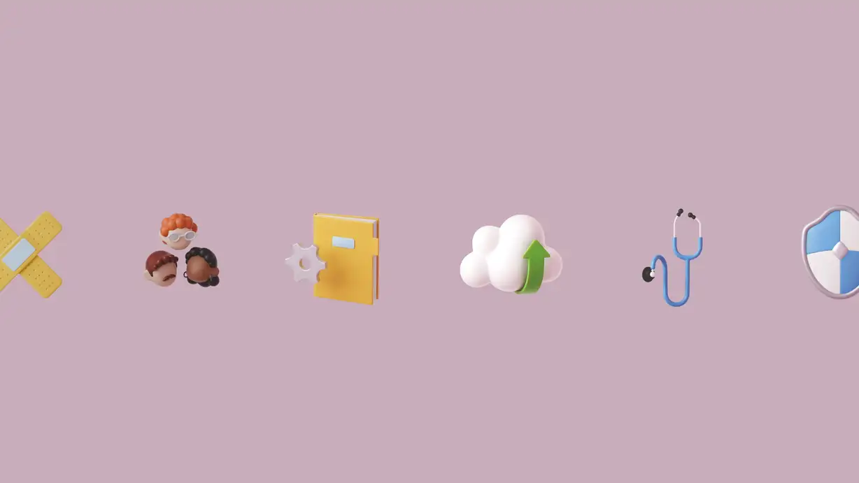 A row of six colorful 3D-rendered icons spaced evenly across a soft mauve-pink background, in a playful, glossy healthcare style. From left to right: two crossed yellow adhesive bandages; a cluster of three cartoon people's heads with different hairstyles and skin tones; a yellow book or folder with a white settings gear in front of it; a white cloud with a green upward arrow (cloud upload); a blue stethoscope; and a blue-and-white shield. The leftmost bandage and rightmost shield are partially cropped by the frame edges.