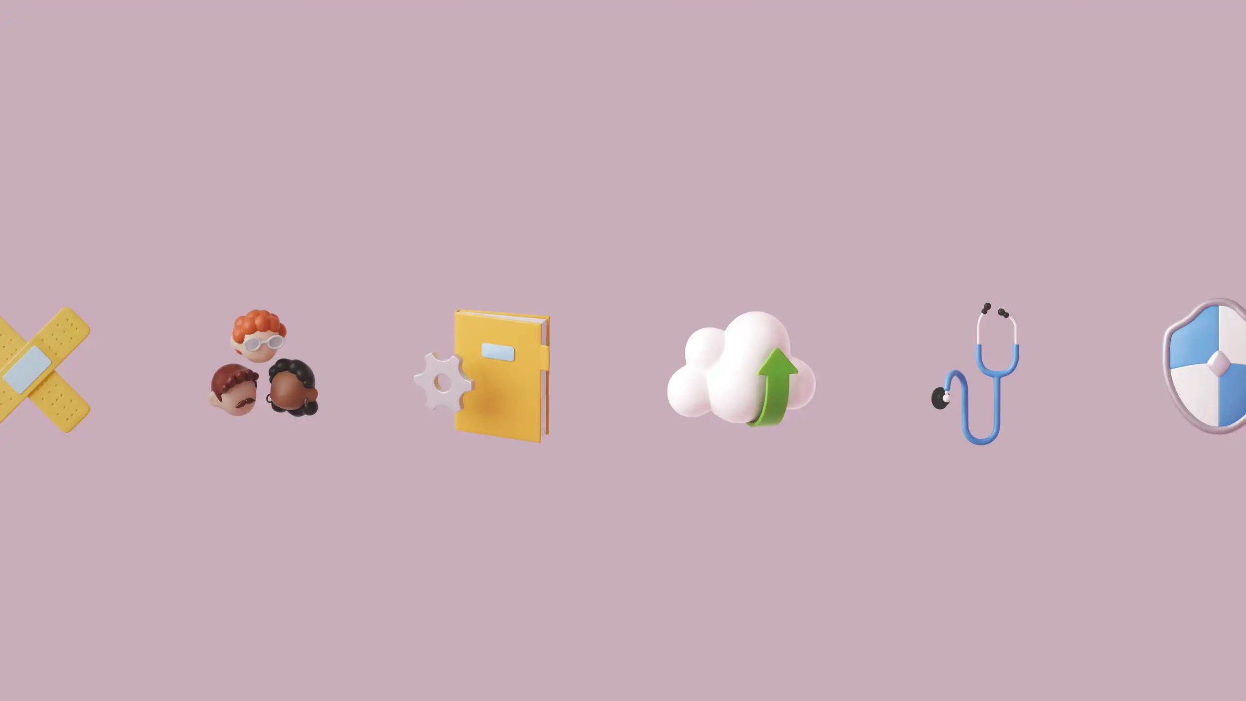 A row of six colorful 3D-rendered icons spaced evenly across a soft mauve-pink background, in a playful, glossy healthcare style. From left to right: two crossed yellow adhesive bandages; a cluster of three cartoon people's heads with different hairstyles and skin tones; a yellow book or folder with a white settings gear in front of it; a white cloud with a green upward arrow (cloud upload); a blue stethoscope; and a blue-and-white shield. The leftmost bandage and rightmost shield are partially cropped by the frame edges.