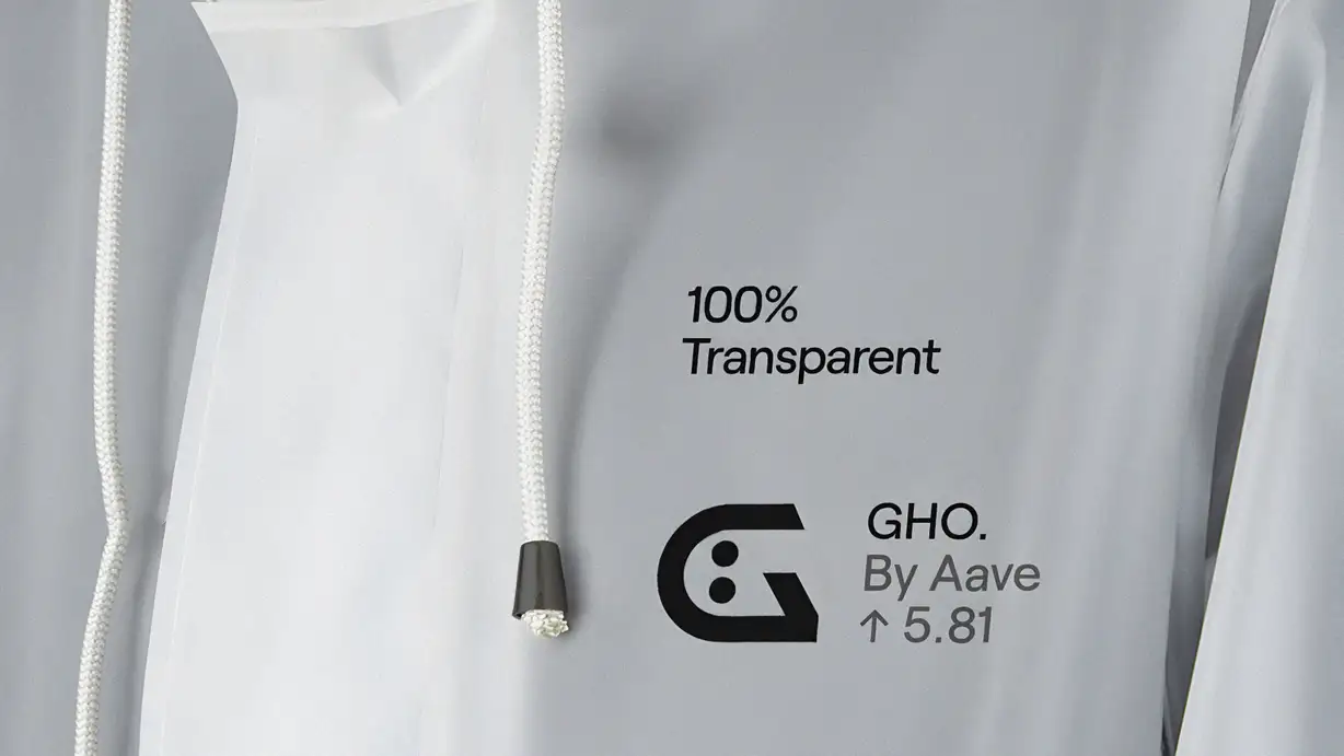 Close-up of a white garment with a drawstring, featuring text: "100% Transparent," "GHO. By Aave ↑ 5.81," and a logo.