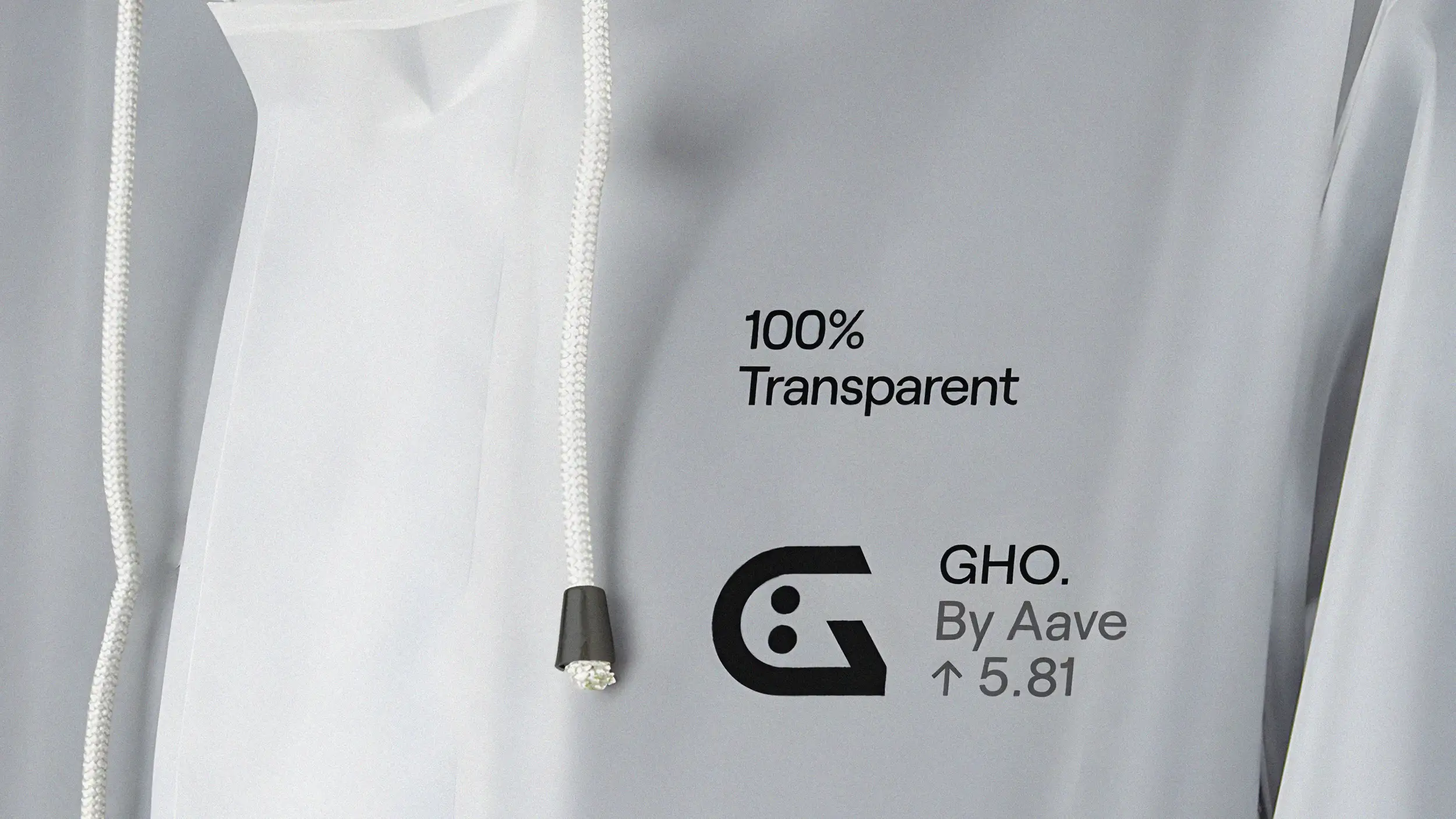 Close-up of a white garment with a drawstring, featuring text: "100% Transparent," "GHO. By Aave ↑ 5.81," and a logo.
