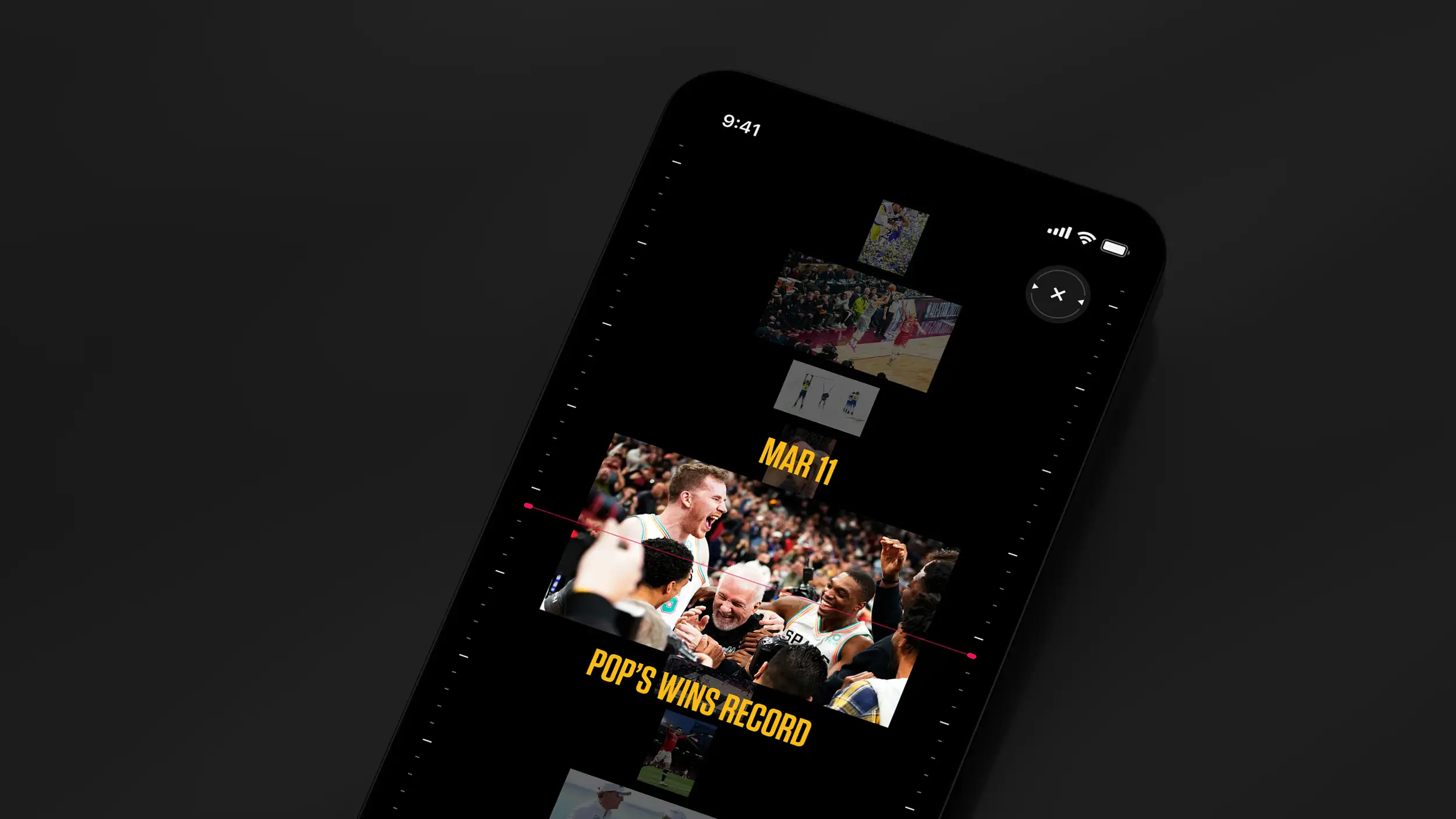 A tilted phone mockup showing a dark sports timeline app with a "MAR 11" date, a photo of Gregg Popovich celebrating with Spurs players, and the headline "POP'S WINS RECORD."