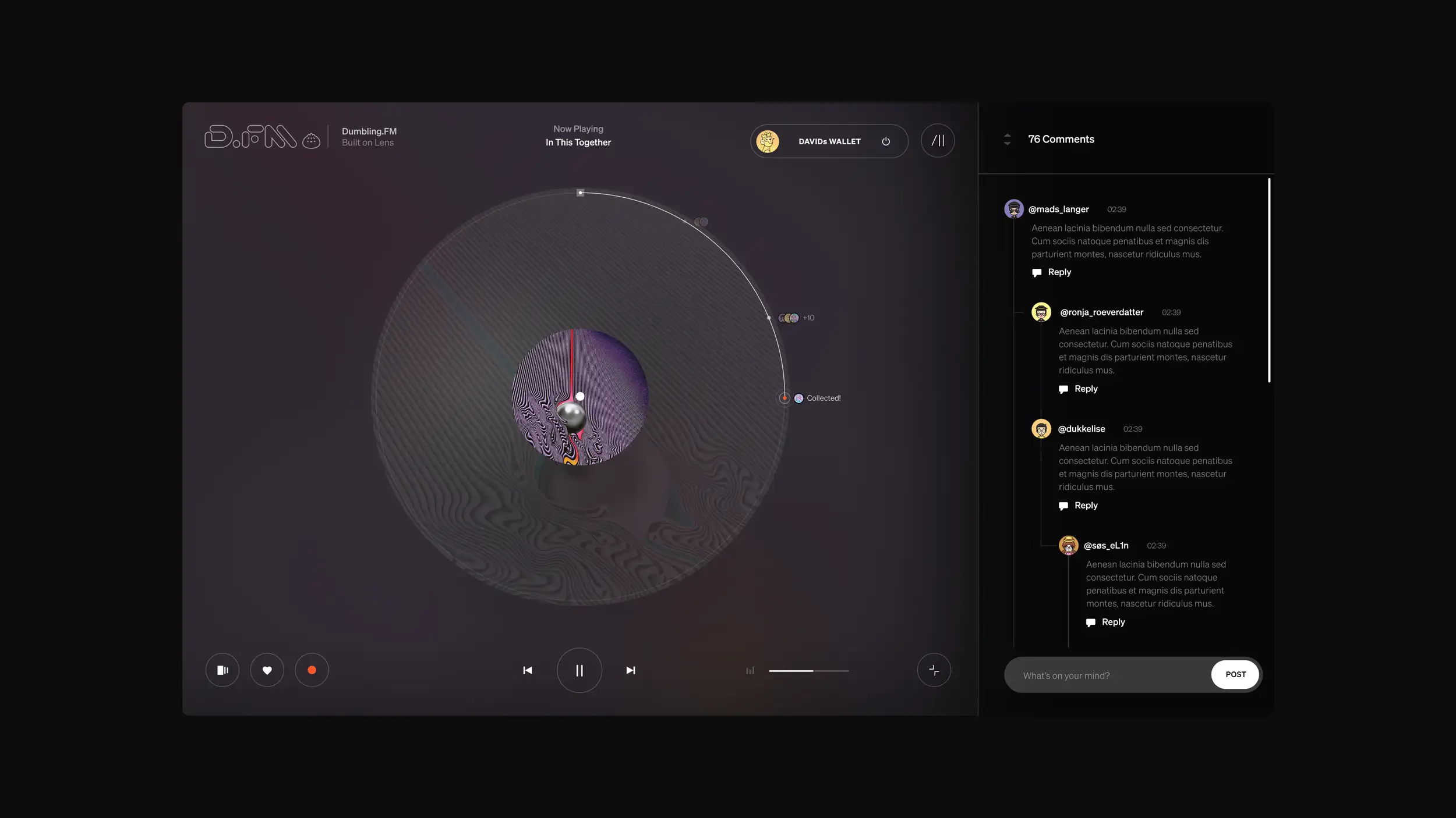 Full desktop view of the Dumbling.FM app in dark mode, showing the 'Now Playing' screen for 'In This Together' on the left, with a swirling purple vinyl-style disc and an orbiting progress ring marking listener avatars, a '+10' counter, and a 'Collected!' point, plus a connected 'DAVIDs WALLET' and playback controls along the bottom. A comments panel on the right reads '76 Comments,' listing threaded replies from users @mads_langer, @ronja_roeverdatter, @dukkelise, and @søs_eL1n with placeholder Latin text, Reply links, and a 'What's on your mind?' input with a POST button at the bottom.