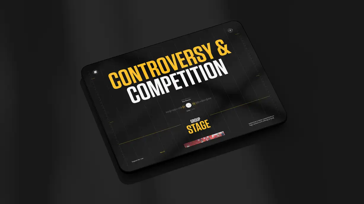 A tilted tablet mockup showing a dark sports editorial page titled "Controversy & Competition," with an audio narration player, a "Group Stage" section label, and captions about Qatar World Cup controversies.