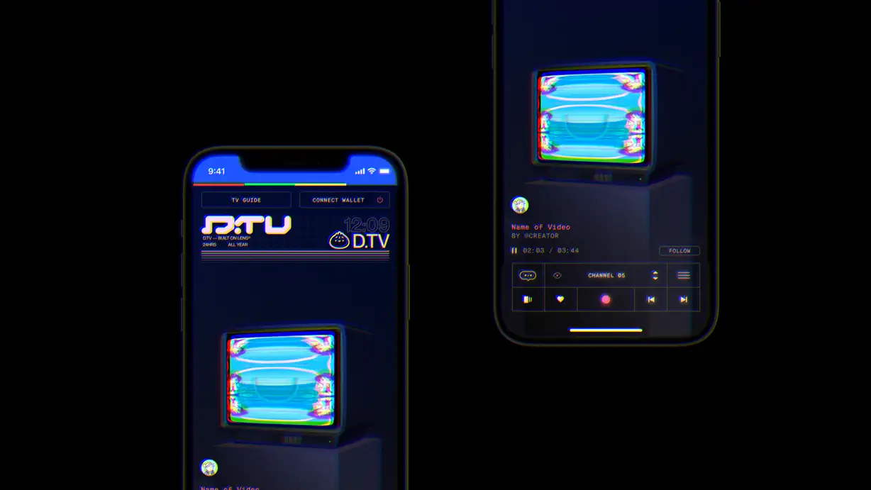 Two smartphone mockups floating against a black background, both displaying the D.TV app in dark mode with a glitchy chromatic-aberration effect on the text and imagery. The left phone shows the full screen with a rainbow bar, TV GUIDE and CONNECT WALLET buttons, the D.TV logo with '24HRS ALL YEAR' and current time 12:09, and a glitchy CRT television showing a distorted blue video. The right phone is a closer crop of the same TV screen and the info panel below it, reading 'Name of Video BY @CREATOR' with a progress bar, FOLLOW button, and a row of icons for comments, view count, CHANNEL 05, and menu, plus playback controls at the bottom.