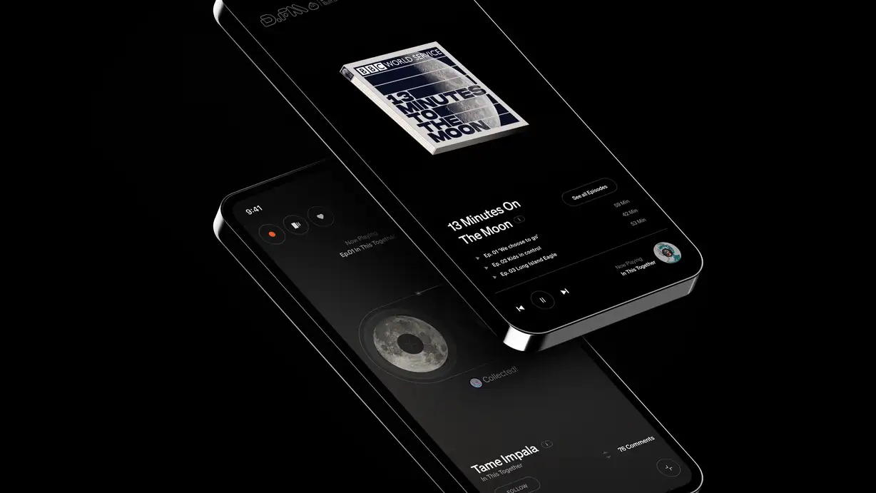 Two overlapping smartphone mockups tilted against a black background, showing the Dumbling.FM app in dark mode. The upper phone displays a podcast series page for BBC World Service's '13 Minutes To The Moon,' with a book-like cover graphic, a 'See all Episodes' button, an episode list (Ep. 01 'We choose to go,' Ep. 02 'Kids in control,' Ep. 03 'Long Island Eagle') with runtimes, and a mini player at the bottom showing 'Now Playing: In This Together' with a small avatar. The lower phone shows a music now-playing screen with a moon graphic, a 'Collected!' badge, and a section reading 'Tame Impala, In This Together' with a FOLLOW button and 76 comments.