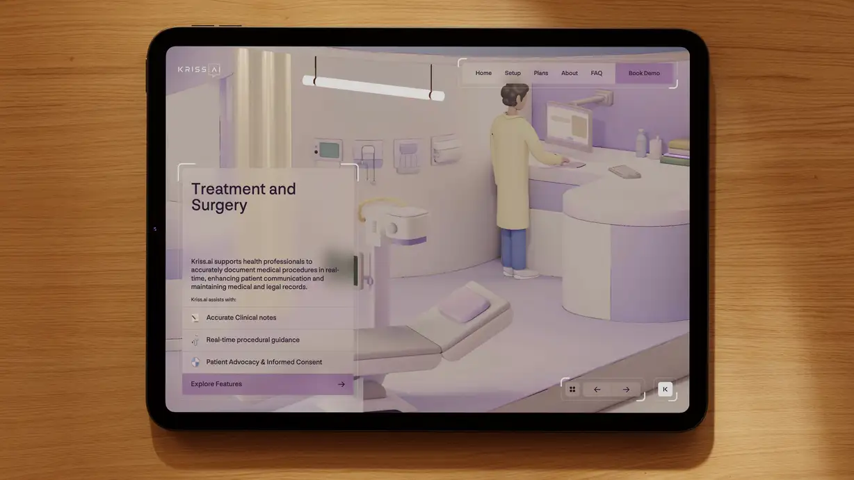 A tablet lying on a wooden desk, displaying the Kriss.ai website. The screen shows a soft-lit 3D illustration in a lilac-and-cream palette of a medical exam room, where a person in a yellow lab coat stands working at a wall-mounted computer beside an examination chair and various clinical instruments. The "KRISS.AI" logo sits in the top-left corner, with a navigation bar reading Home, Setup, Plans, About, FAQ, and a purple "Book Demo" button. A translucent content card on the left is headed "Treatment and Surgery" and reads "Kriss.ai supports health professionals to accurately document medical procedures in real-time, enhancing patient communication and maintaining medical and legal records." Below, under "Kriss.ai assists with:", three items are listed — "Accurate Clinical notes," "Real-time procedural guidance," and "Patient Advocacy & Informed Consent" — followed by an "Explore Features" button with an arrow. Navigation controls (grid, back, forward, and a "K" button) appear in the lower right.