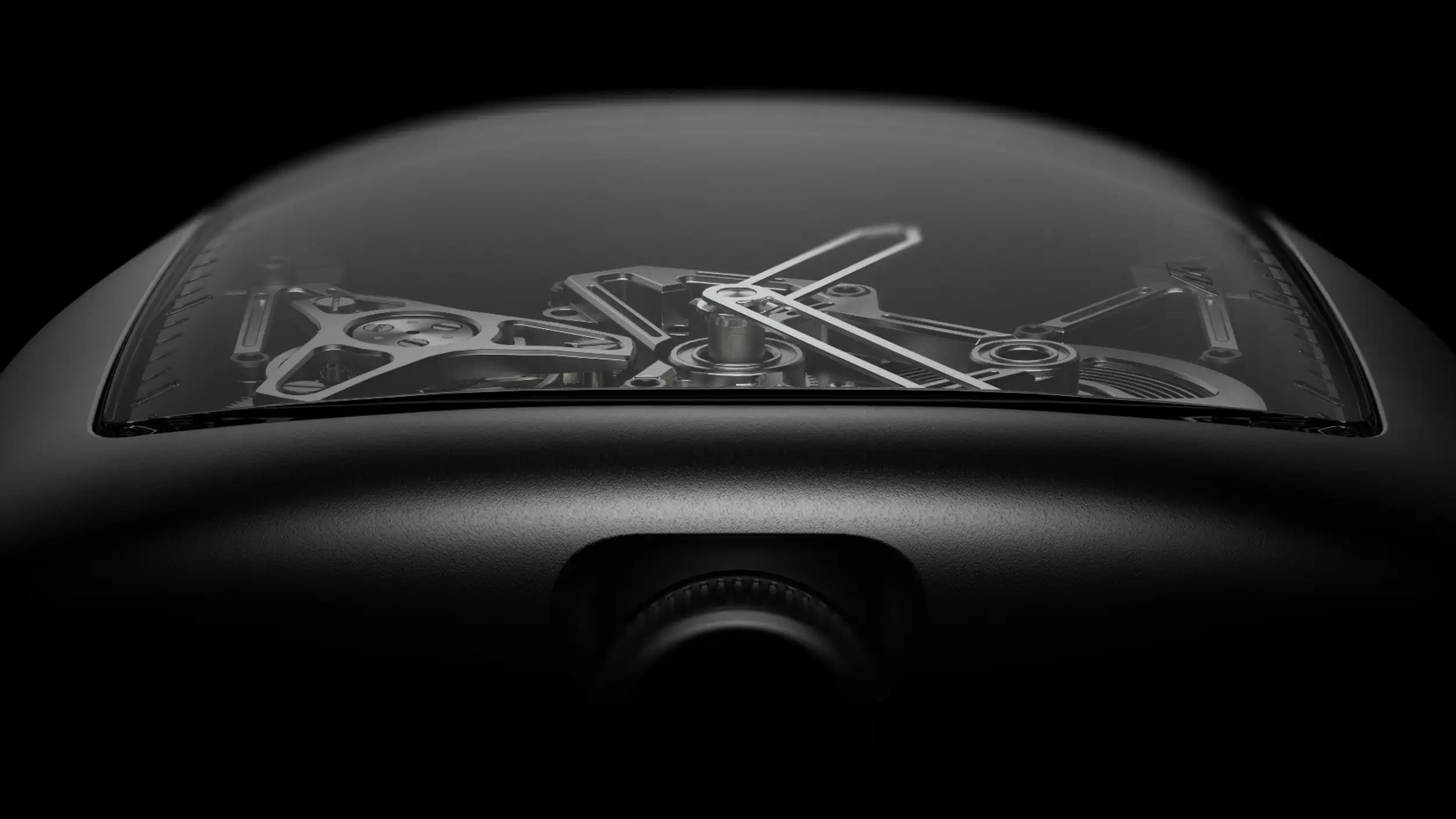 An extreme close-up, dramatically lit macro photograph of a luxury skeleton wristwatch against a pure black background. The matte black tonneau-shaped case curves across the frame, its domed sapphire crystal revealing the intricate exposed movement inside — visible bridges, gears, screws, and a central mechanism rendered in gunmetal and silver tones. Slim white skeletonized hands stretch across the open dial. The watch's fluted crown protrudes from the case at the bottom center. The overall mood is sleek, high-end, and minimalist.