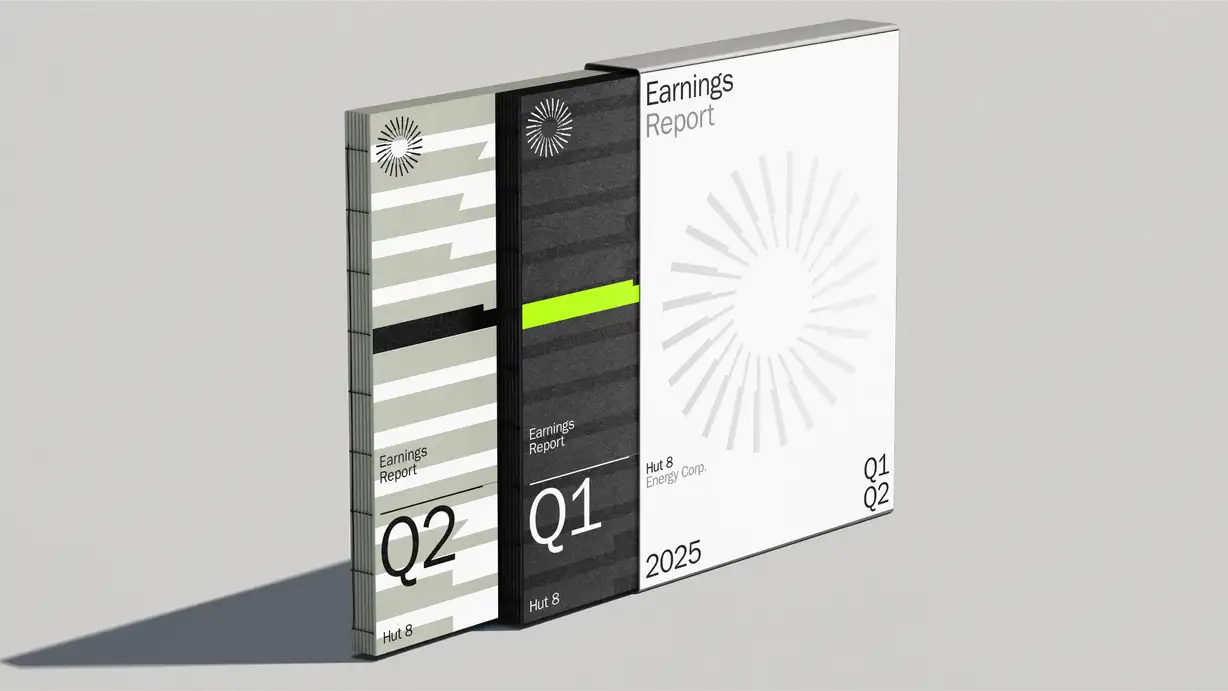 Three Hut 8 "Earnings Report" documents standing upright and slightly fanned out, casting a soft shadow on a plain light gray surface. Each features the Hut 8 sunburst/pinwheel logo and bold minimalist covers. The front white report reads "Earnings Report — Hut 8 Energy Corp. — 2025," marked "Q1 Q2," with a large light-gray sunburst graphic. The middle dark-charcoal report is labeled "Earnings Report — Q1 — Hut 8," accented with a lime-green horizontal stripe. The rear sage-green report reads "Earnings Report — Q2 — Hut 8," decorated with white bar-like stripes. Together they form a cohesive quarterly-report design set.