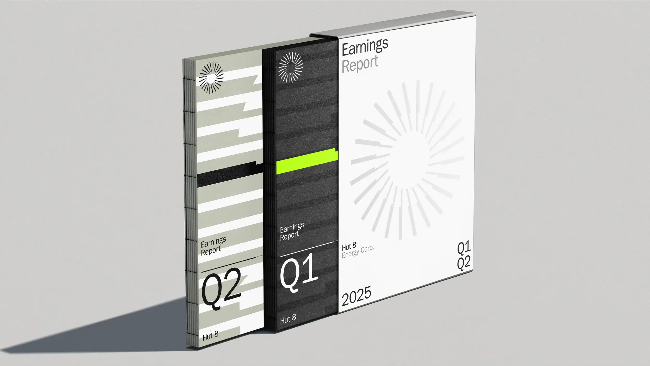 Three Hut 8 "Earnings Report" documents standing upright and slightly fanned out, casting a soft shadow on a plain light gray surface. Each features the Hut 8 sunburst/pinwheel logo and bold minimalist covers. The front white report reads "Earnings Report — Hut 8 Energy Corp. — 2025," marked "Q1 Q2," with a large light-gray sunburst graphic. The middle dark-charcoal report is labeled "Earnings Report — Q1 — Hut 8," accented with a lime-green horizontal stripe. The rear sage-green report reads "Earnings Report — Q2 — Hut 8," decorated with white bar-like stripes. Together they form a cohesive quarterly-report design set.
