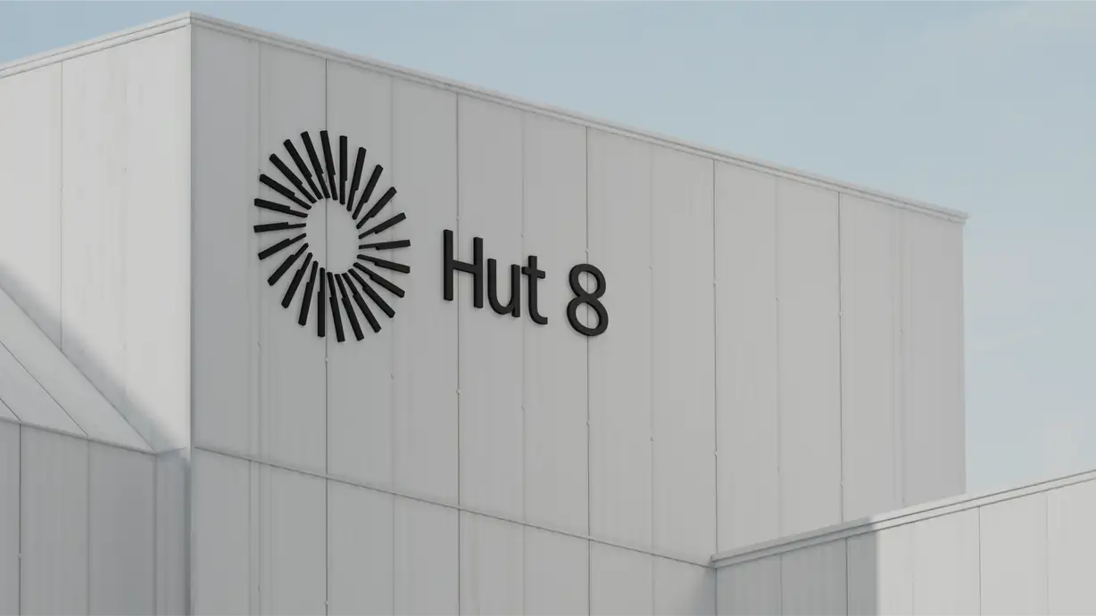 A low-angle exterior shot of a clean, white corrugated-metal industrial building against a clear pale blue sky. Mounted on the upper facade is the "Hut 8" brand signage in black: a circular sunburst/pinwheel logo made of radiating tapered lines beside the wordmark "Hut 8." Soft daylight and gentle shadows give the minimalist, modern structure a crisp, corporate look.