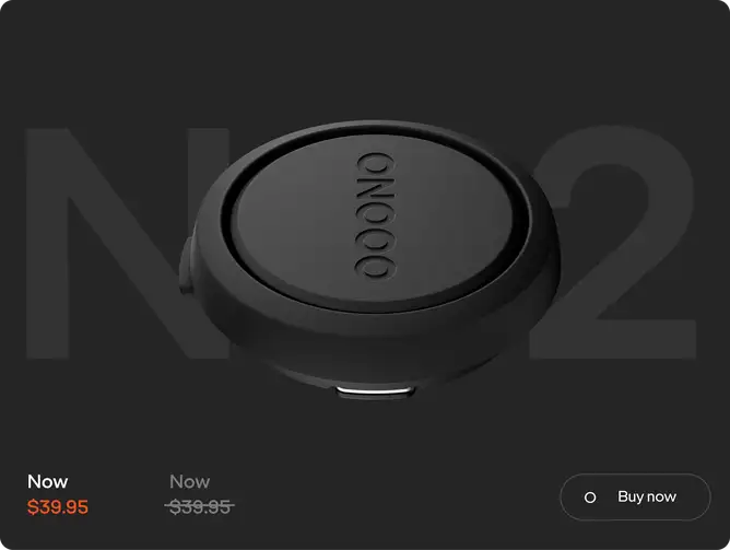 A black circular OOONO device on a dark background with faded "N⚬2" text, showing "$39.95" pricing and a "Buy now" button.