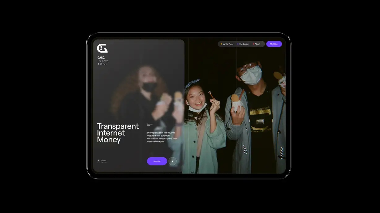A tablet in landscape orientation floating against a pure black background, displaying the GHO website homepage in dark mode. In the top-right, a pill navigation bar lists "White Paper," "Dev Garden," and "About" (each with a colored dot), plus a purple "Mint Now" button. The left half of the screen shows the "G" face logo with "GHO. By Aave ↑ 3.53" and the large headline "Transparent Internet Money," accompanied by placeholder body text, a purple "Mint Now" button, a play button, and a "Scroll to learn more" prompt in the corner. The right half is a warm-toned nighttime photo of two smiling young people in casual jackets, wearing face masks pulled down or on, holding street-food ice cream or crepe cones.