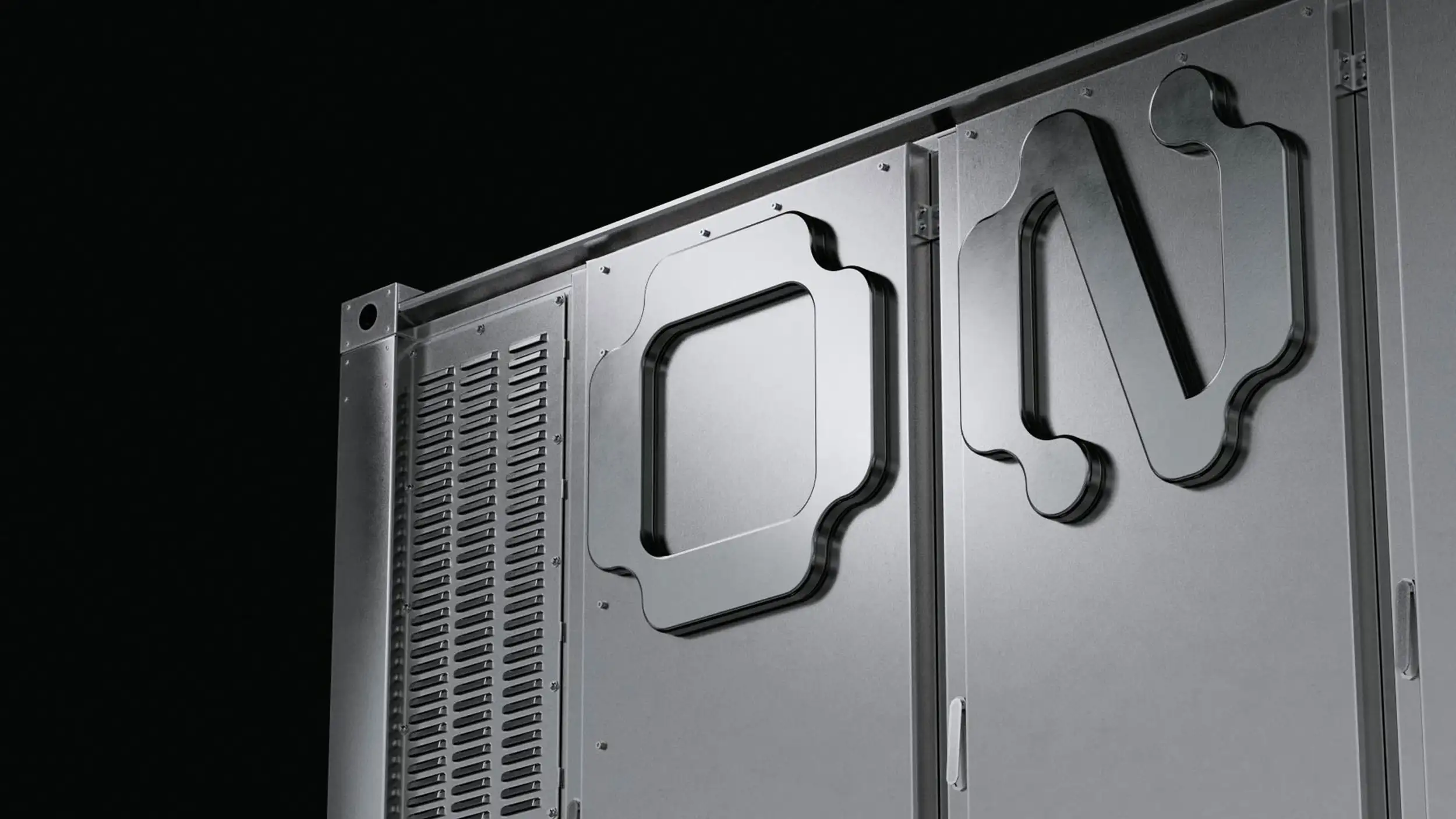 Close-up angled photo of a gray metal industrial enclosure with the 'ON' logo cut into the panel in raised relief, alongside ventilation slats and visible screws, against a black background.