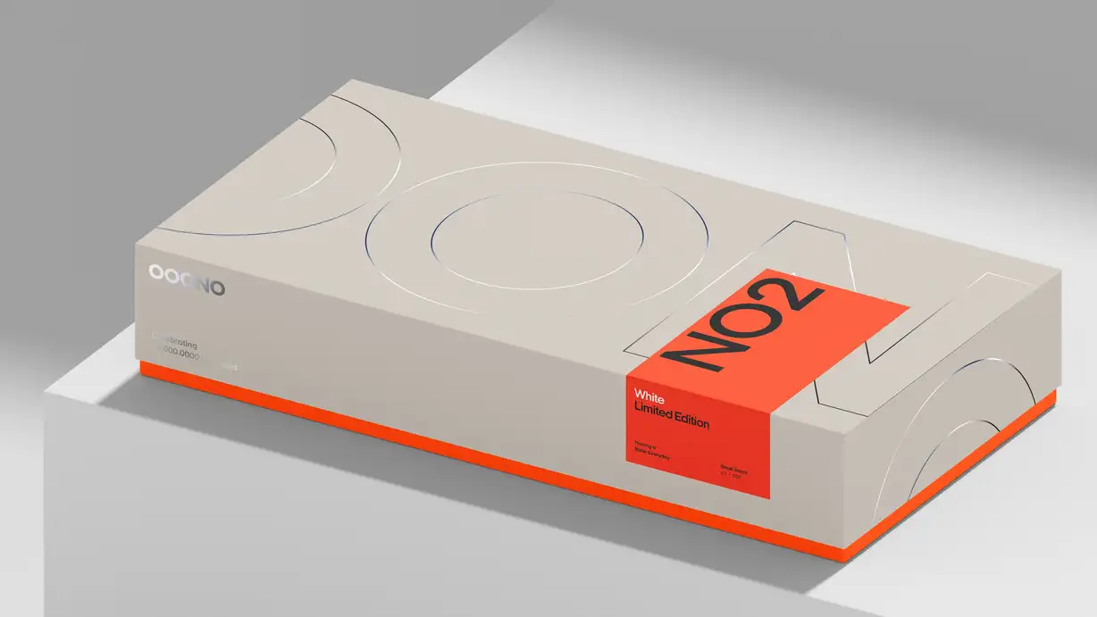 A close-up product photo of a light gray/beige box with "OOONO" printed in white, an outlined "N" and "2" debossed on top, and an orange label reading "Off-White / Limited Edition" with the tagline "Creating a safer everyday life."