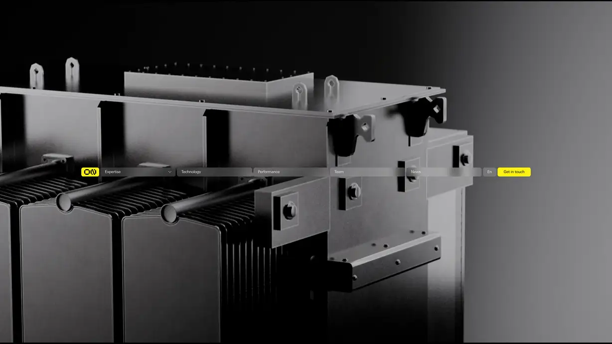 Website navigation bar overlaid on a grayscale close-up photo of industrial transformer or battery hardware, with menu items reading Expertise, Technology, Performance, Team, News, En, and a yellow 'Get in touch' button.