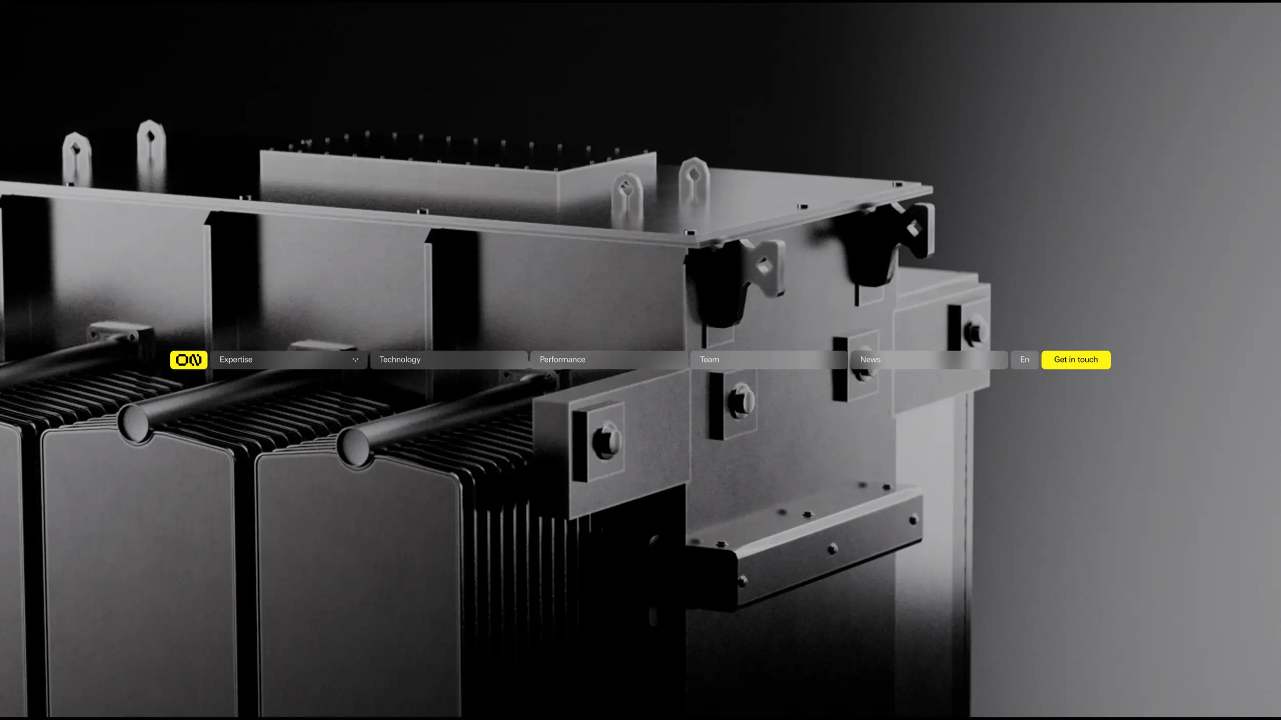 Website navigation bar overlaid on a grayscale close-up photo of industrial transformer or battery hardware, with menu items reading Expertise, Technology, Performance, Team, News, En, and a yellow 'Get in touch' button.
