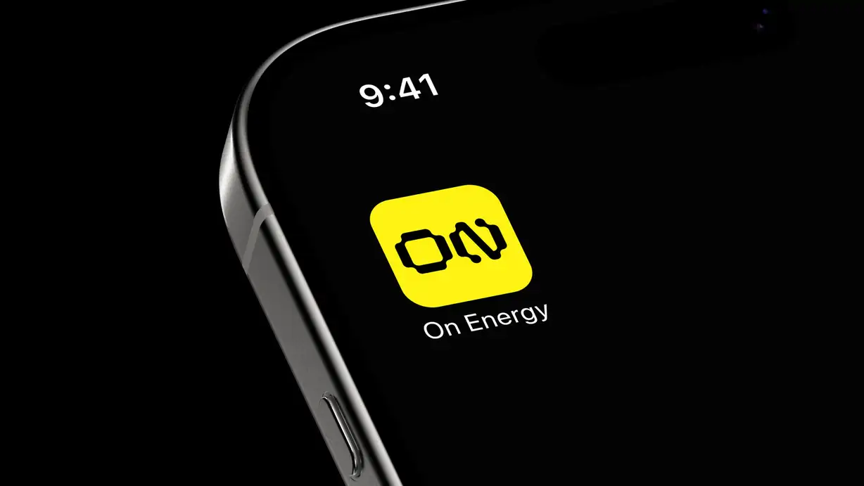 Close-up of a smartphone's top corner showing the 'On Energy' app icon, a yellow rounded square with the black ON logo, against a black lock screen displaying 9:41.