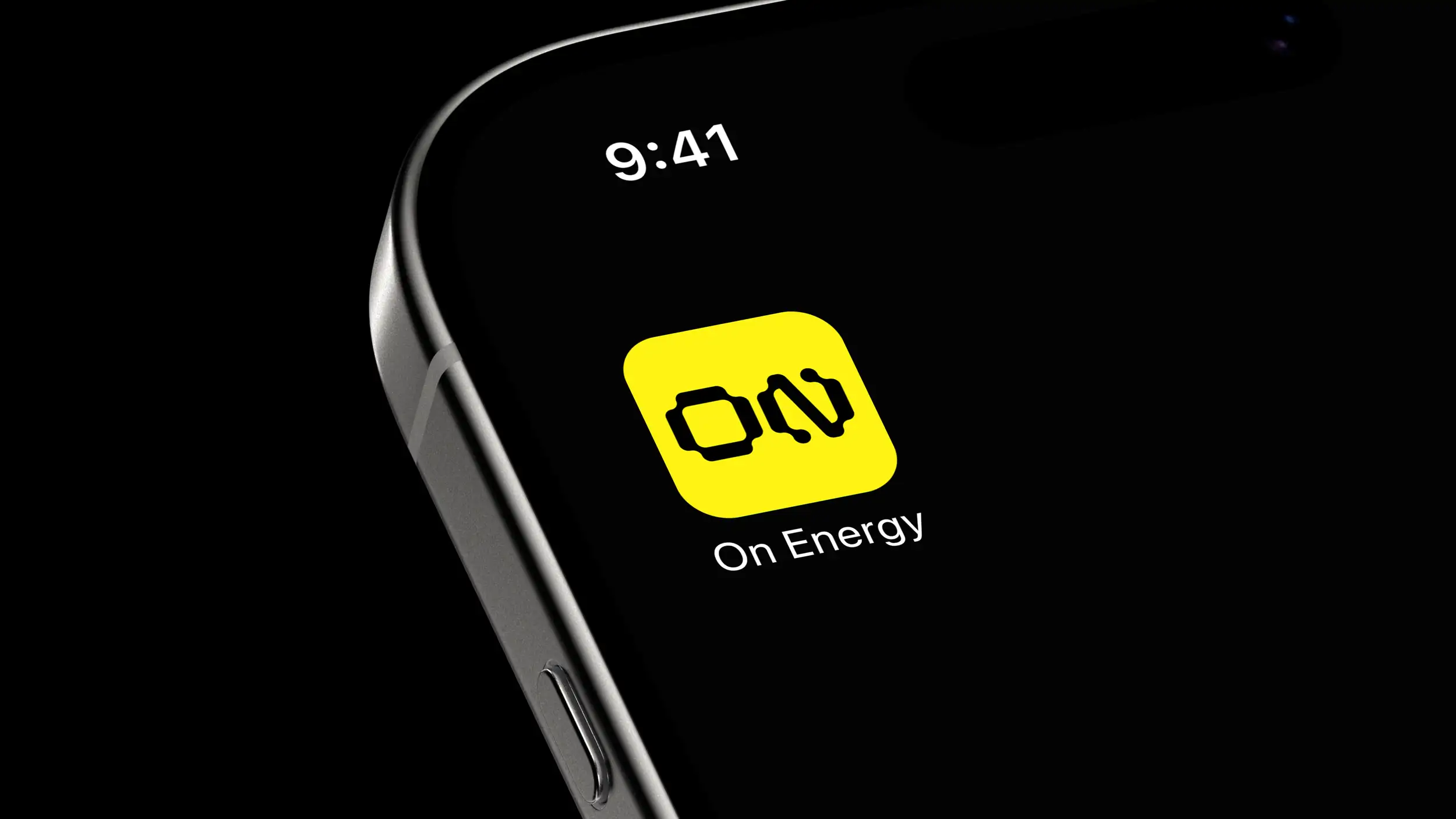 Close-up of a smartphone's top corner showing the 'On Energy' app icon, a yellow rounded square with the black ON logo, against a black lock screen displaying 9:41.